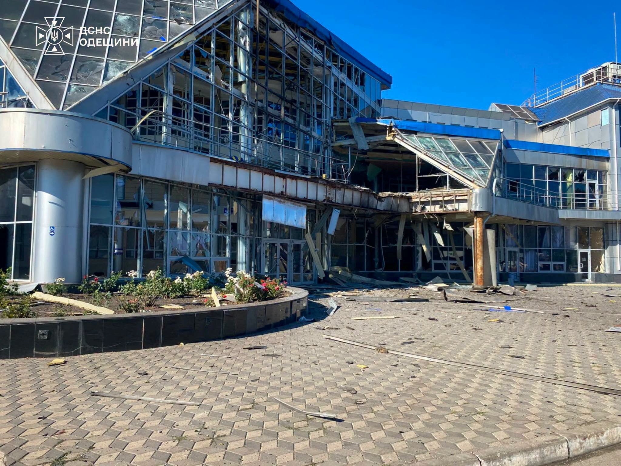 A building of a railway station damaged during overnight Russian drone and missile strikes in the town of Rozdilna