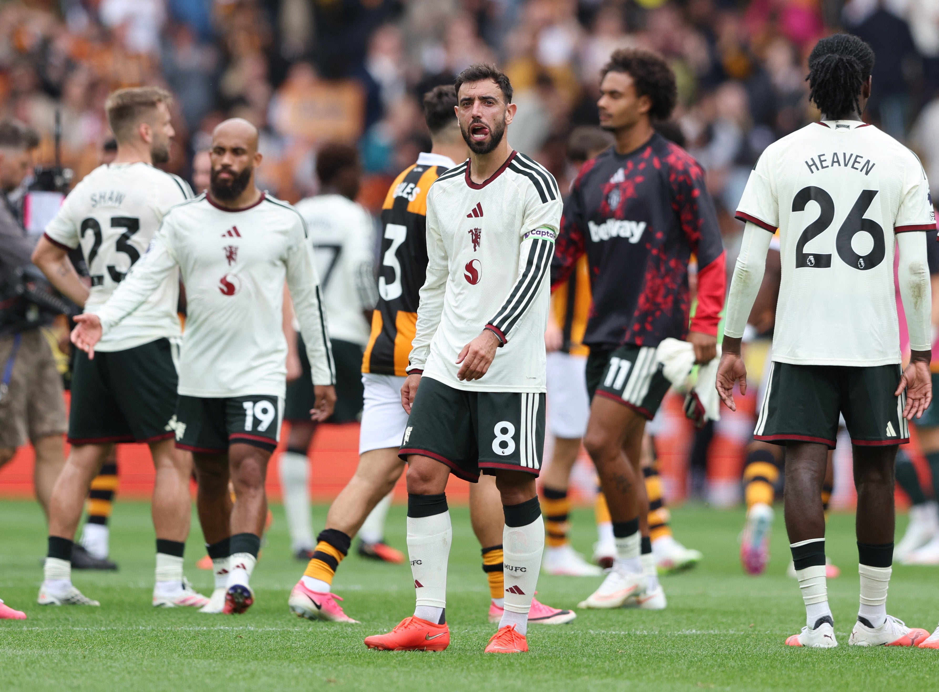 Manchester United’s Bruno Fernandes looks dejected after the match