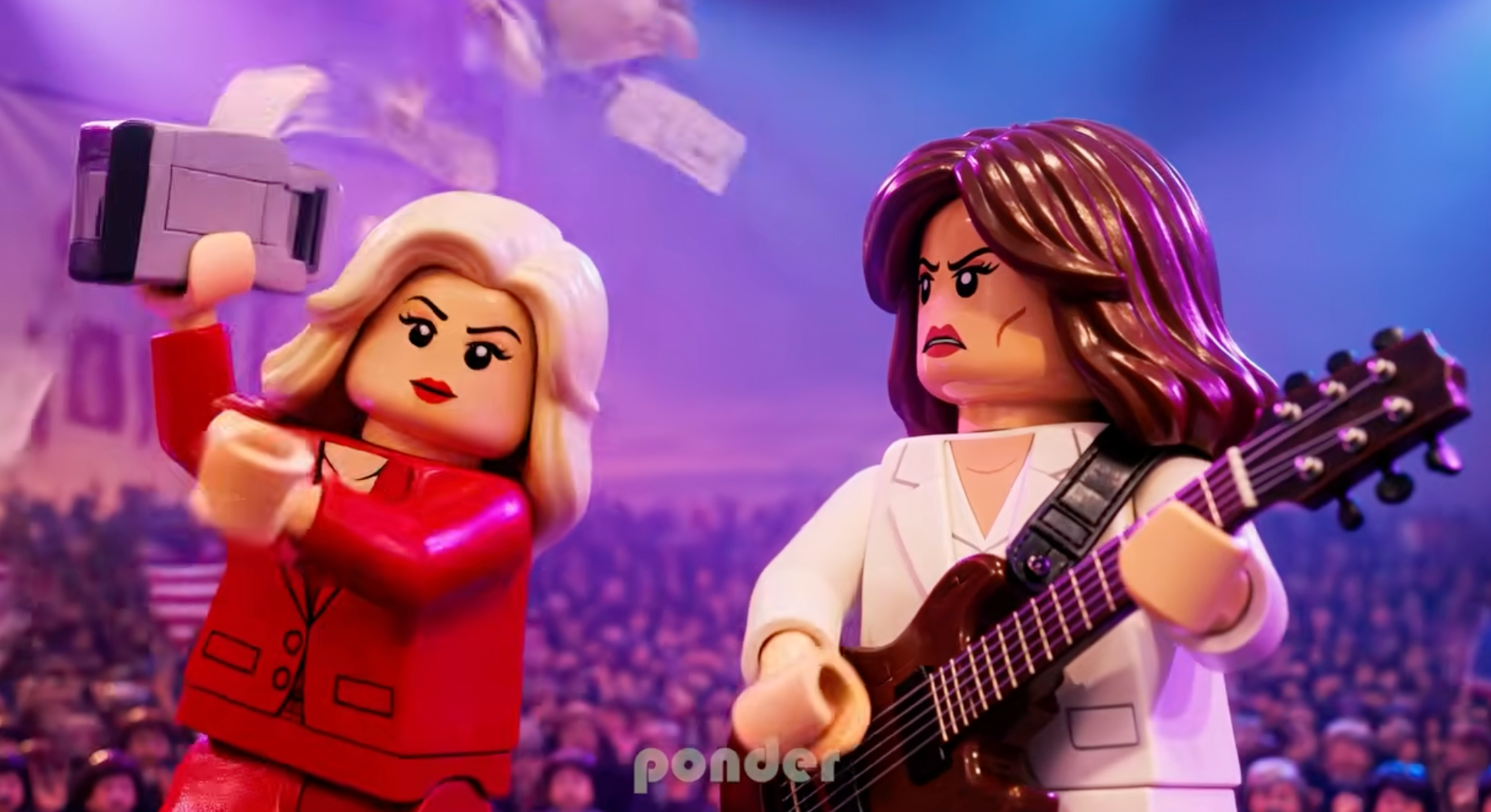 In the AI-generated music video, a Lego version of First Lady Melania Trump (right) looks on with anger at Natalie Harp (left) as she prints out positive news for President Trump