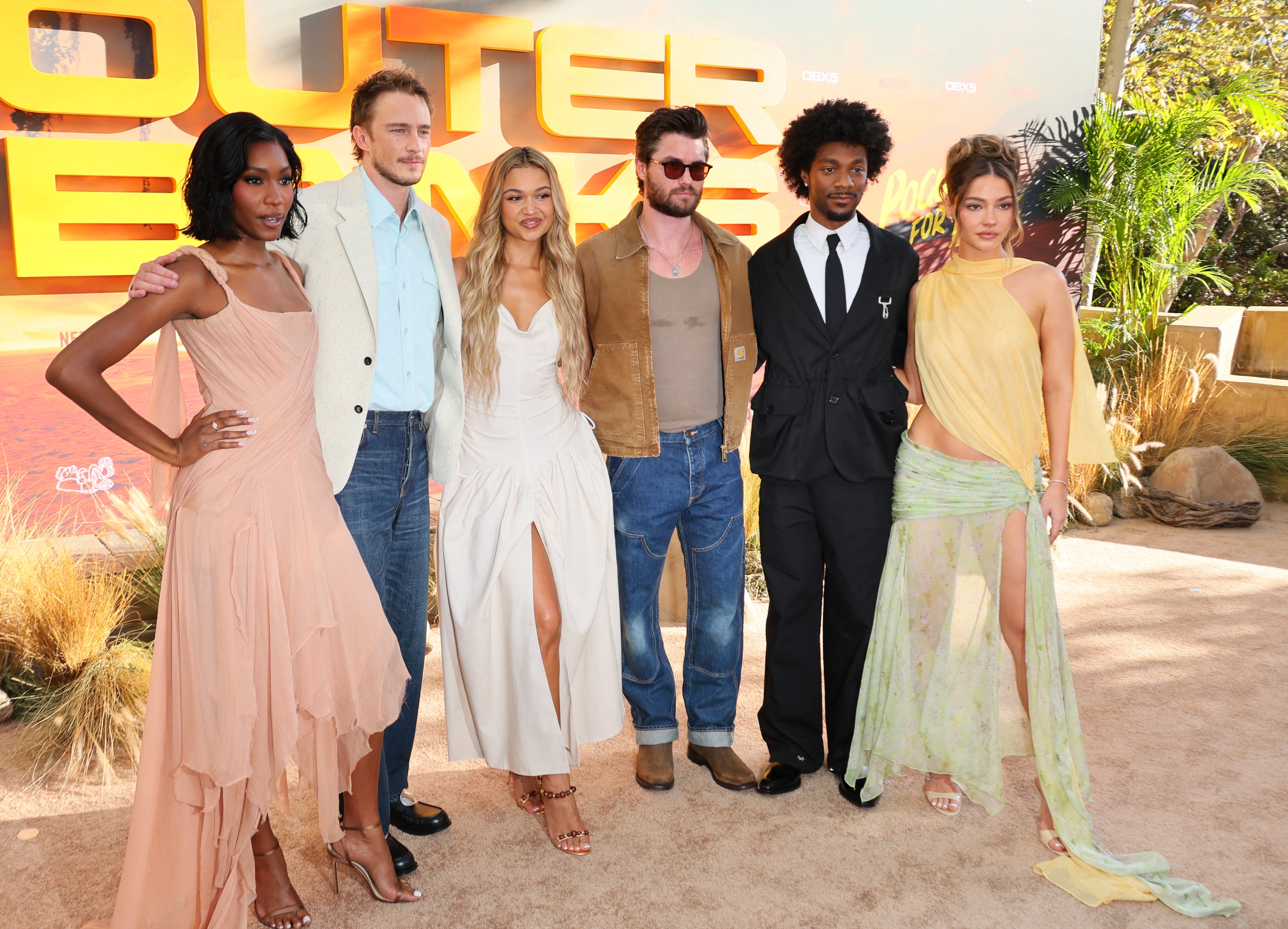 'Outer Banks' actors, from left, Carlacia Grant, Drew Starkey, Madison Bailey, Chase Stokes, Jonathan Daviss and Madelyn Cline