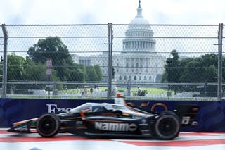 Dale Coyne Racing driver Dennis Hauger (19) practices for the Freedom 250 Grand Prix street course on the National Mall