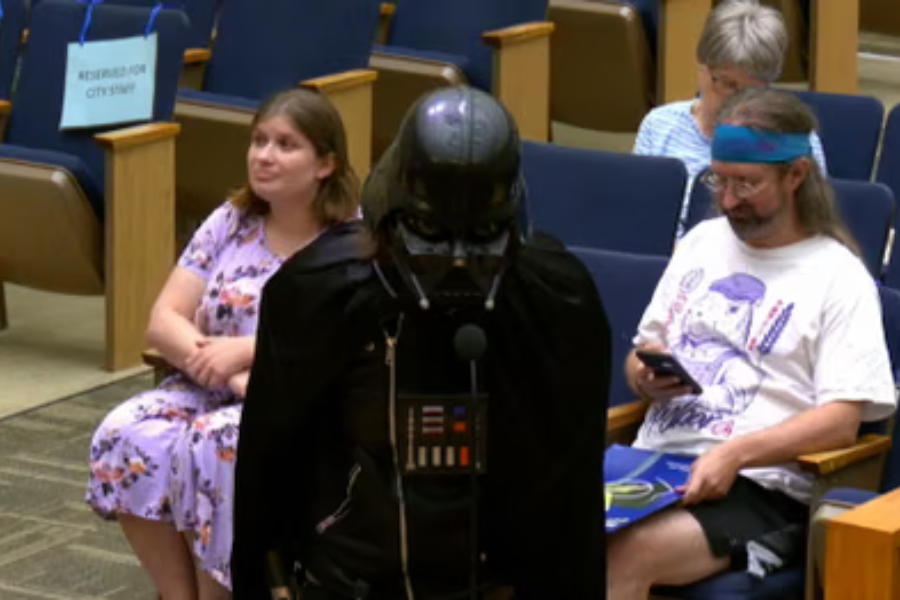 A man dressed as Darth Vader mockingly endorsed Flock cameras at a San Diego City Council meeting this week