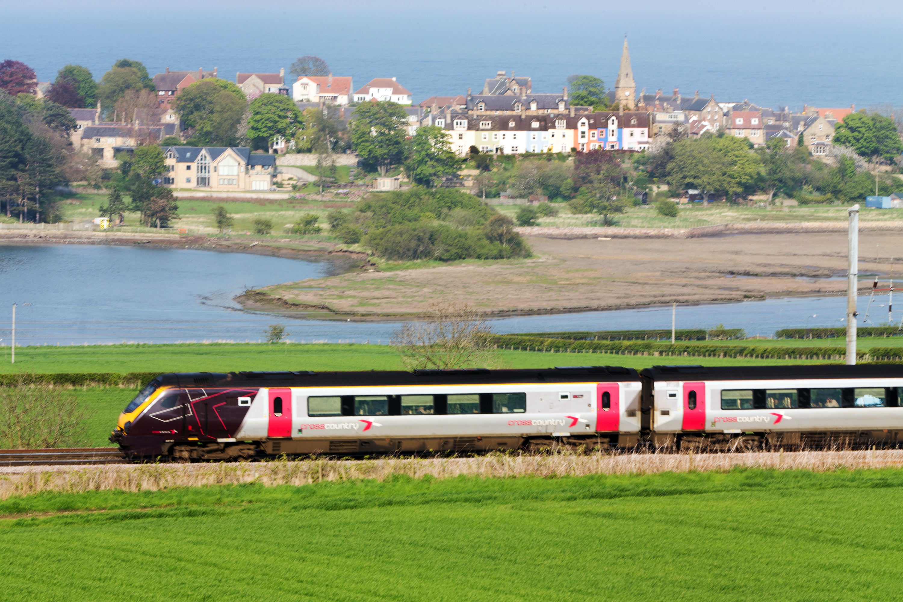 A CrossCountry train on the East Coast Main Line route, passing Alnmouth
