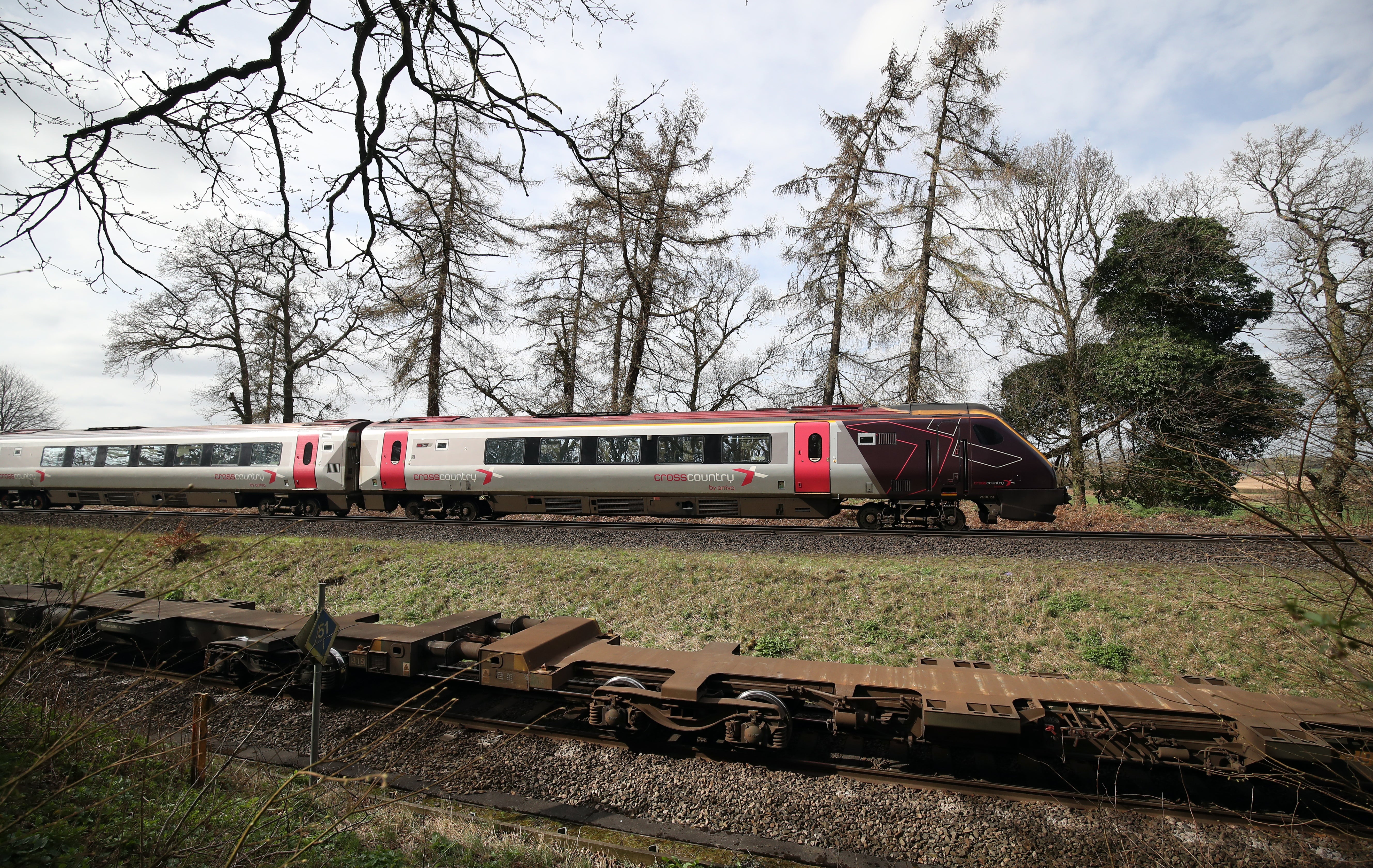 A CrossCountry train on the line near to Basingstoke in Hampshire