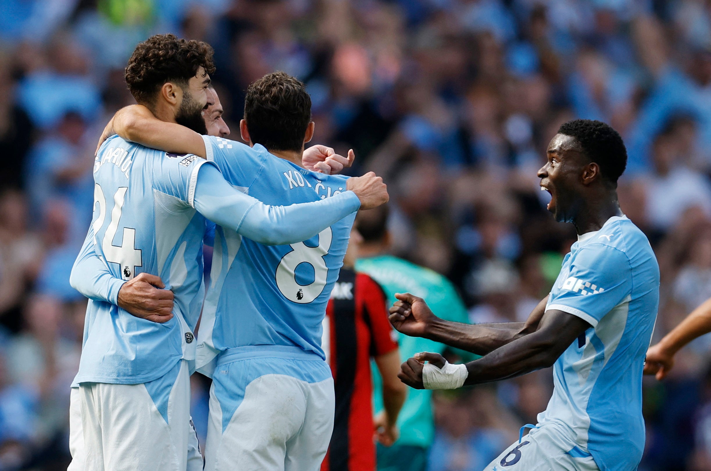 Manchester City's Josko Gvardiol celebrates the winning goal, which was given by VAR (Reuters)