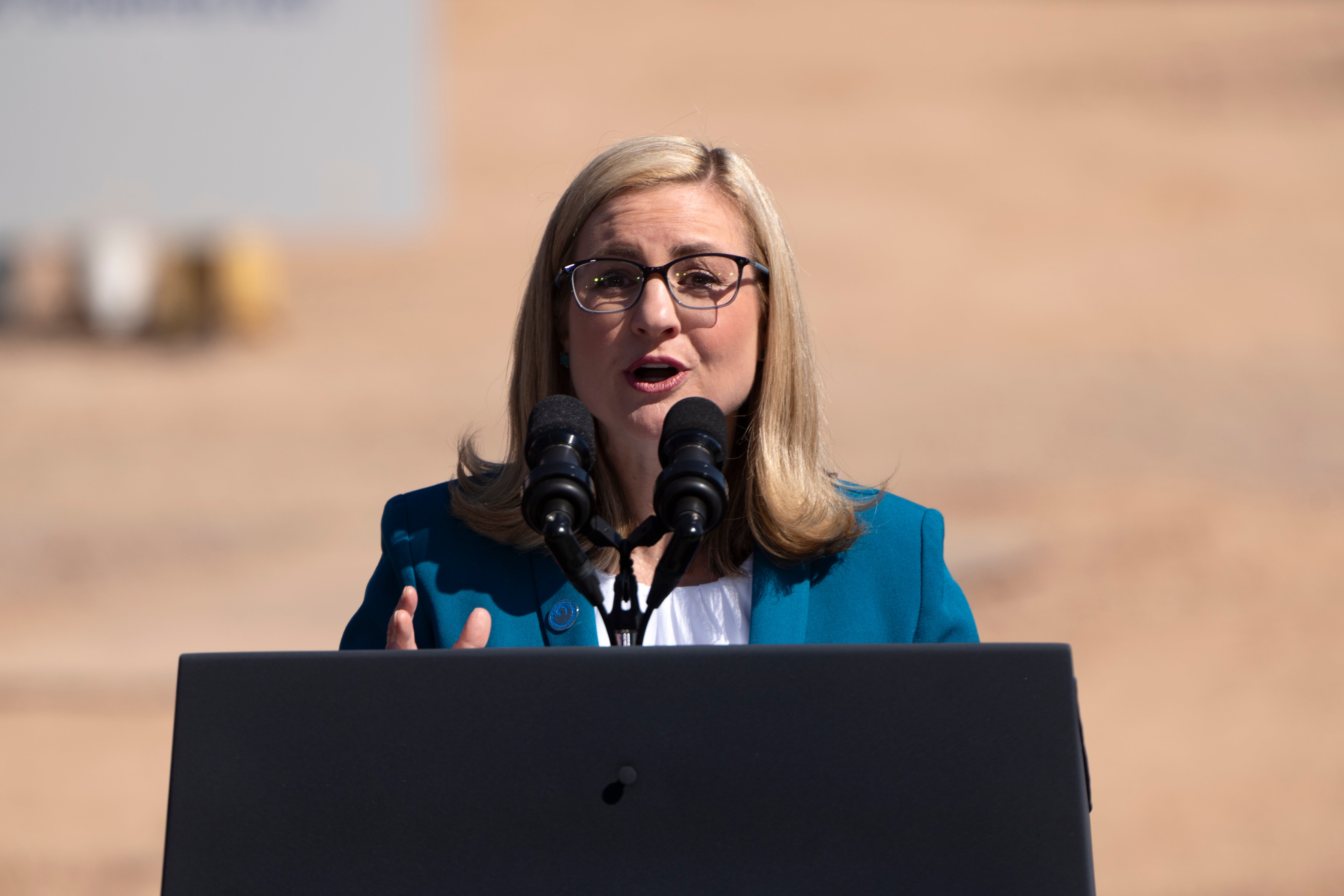 Phoenix Mayor Kate Gallego, pictured in 2024, wants the federal government to help fund new, multi-billion-dollar purification plants to make wastewater safe to drink