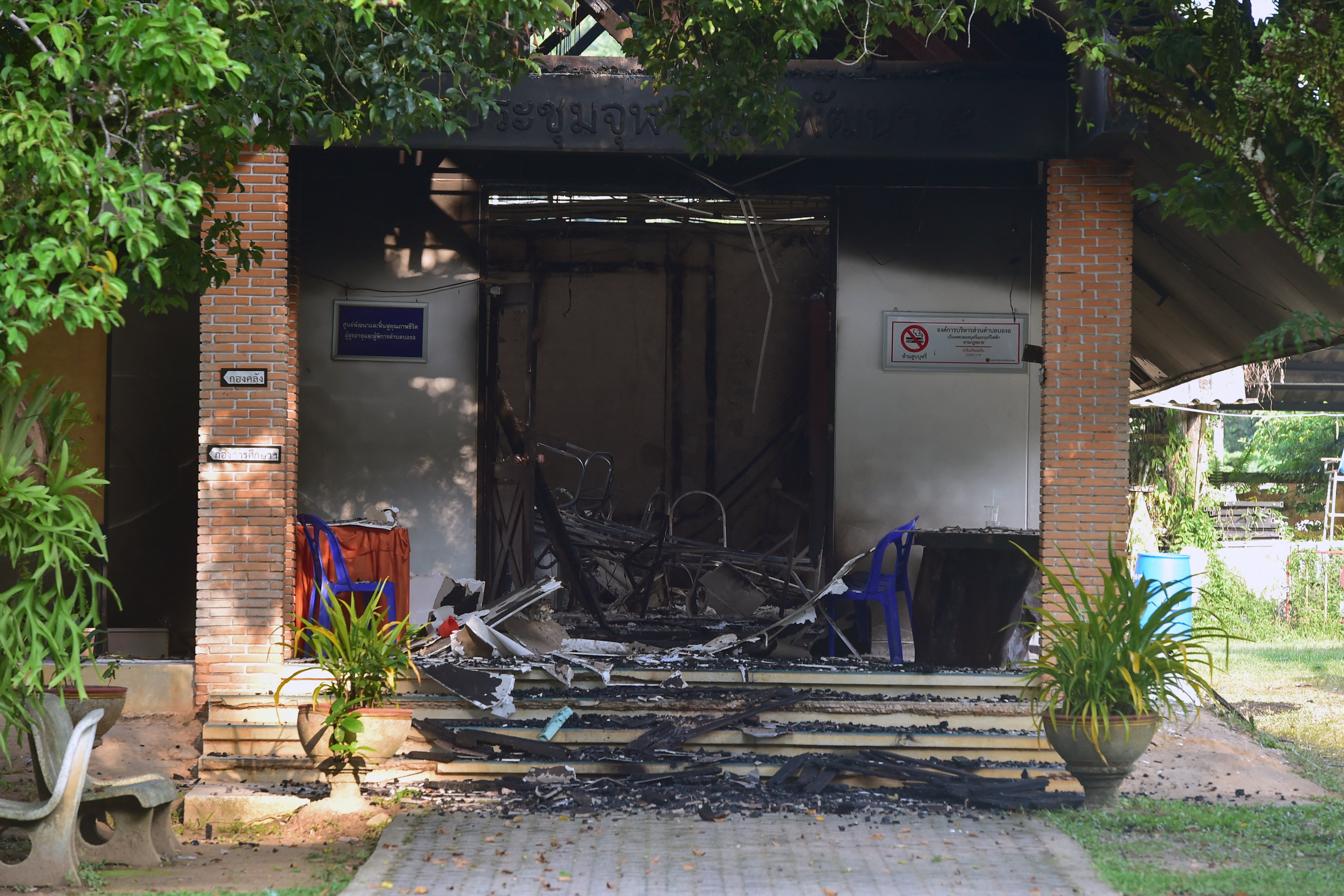 Fire damage is seen at a building in the Bongor Subdistrict Administrative Organisation office in Ra-ngae district in the southern Thai province of Narathiwat