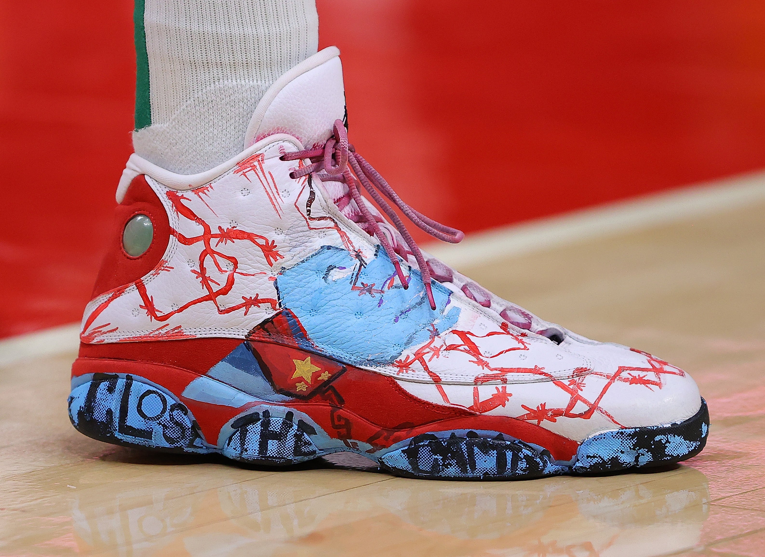 A view of the shoes worn by Enes Kanter #13 of the Boston Celtics against the Atlanta Hawks during the first half at State Farm Arena on November 17, 2021