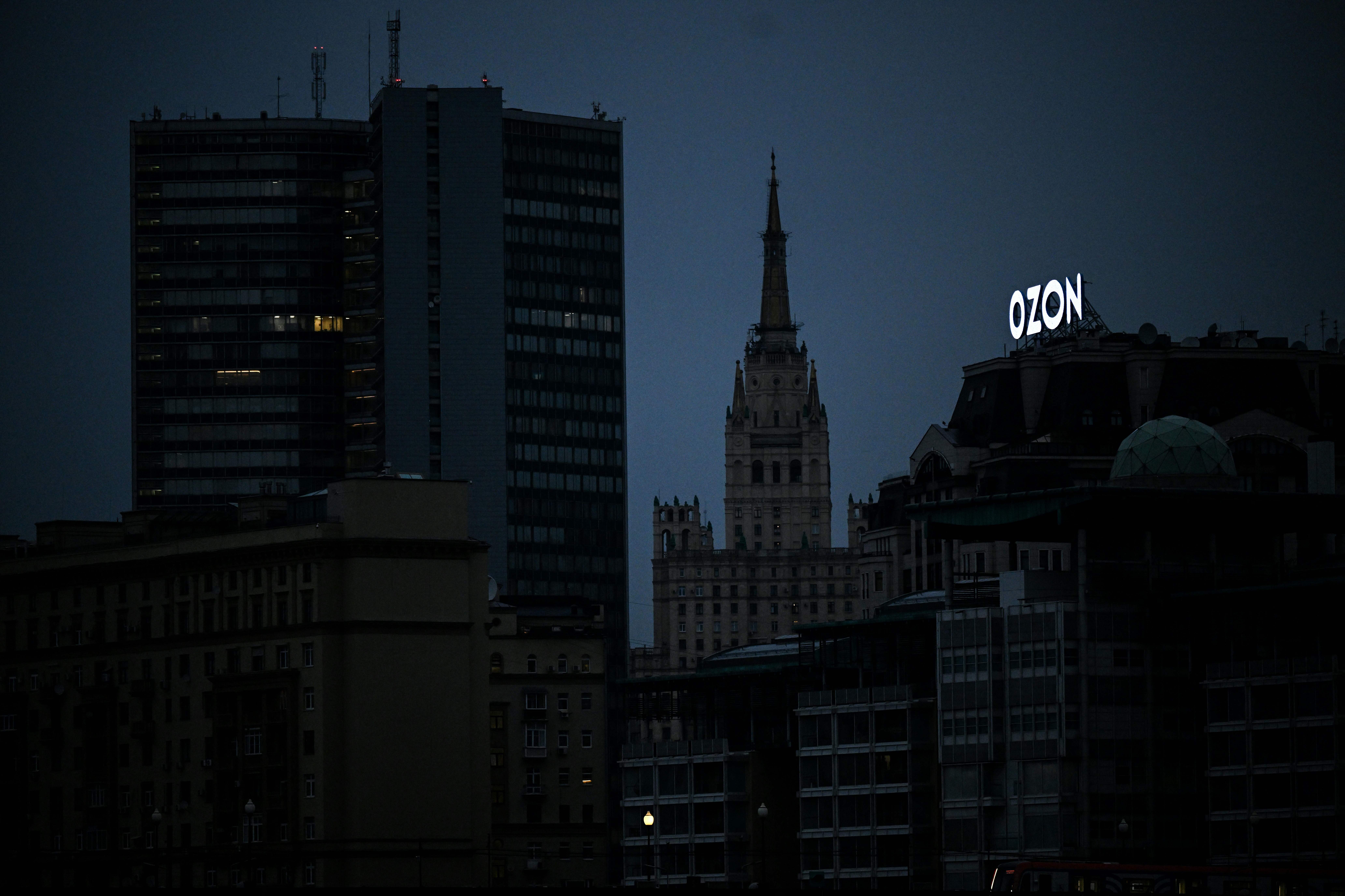 Russia's online retailer Ozon is seen in front of one of the Stalin-era skyscraper in Moscow