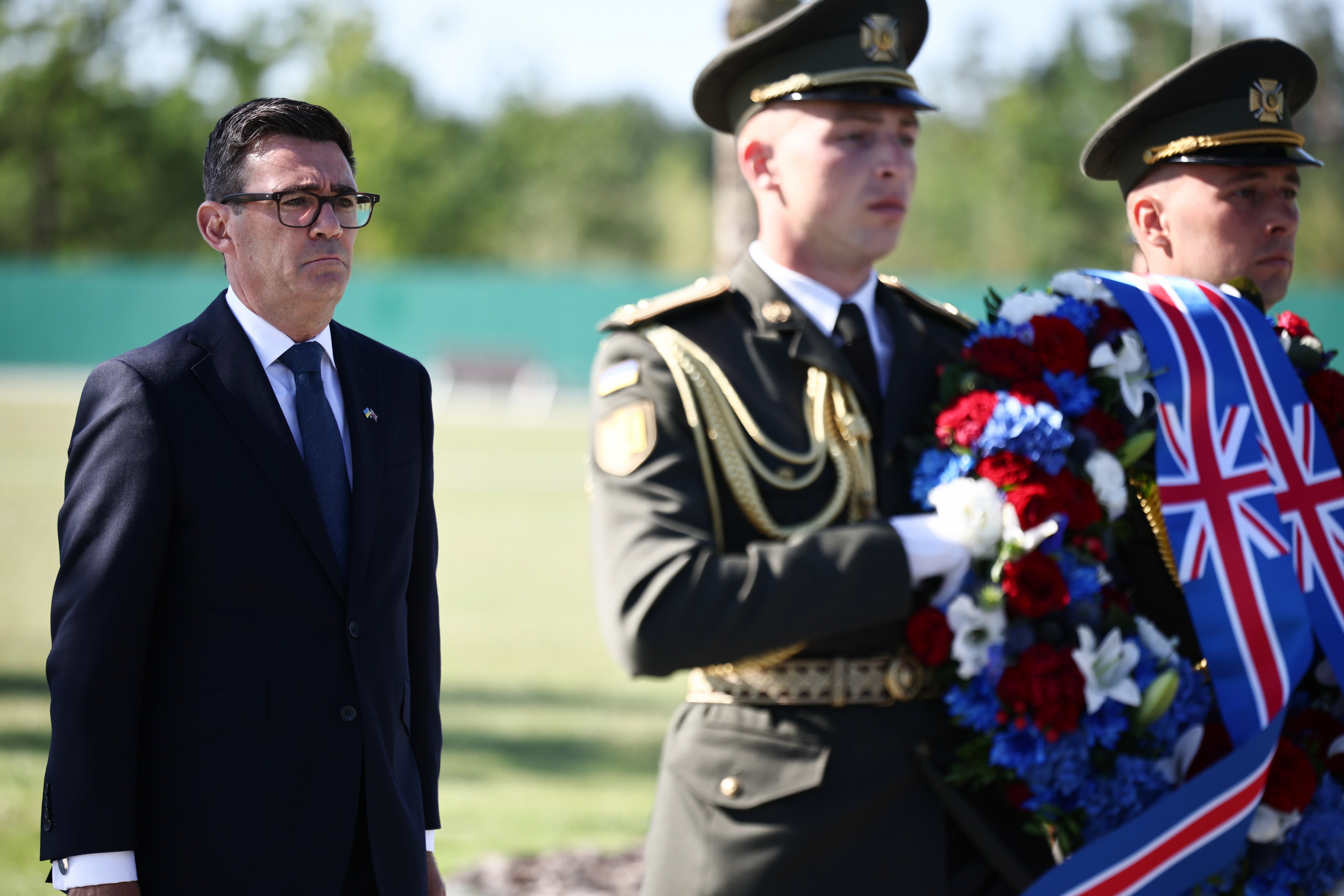 Andy Burnham during a ceremony at Ukraine's national military memorial cemetery in Hatnem southwest of Kyiv, during his first foreign trip