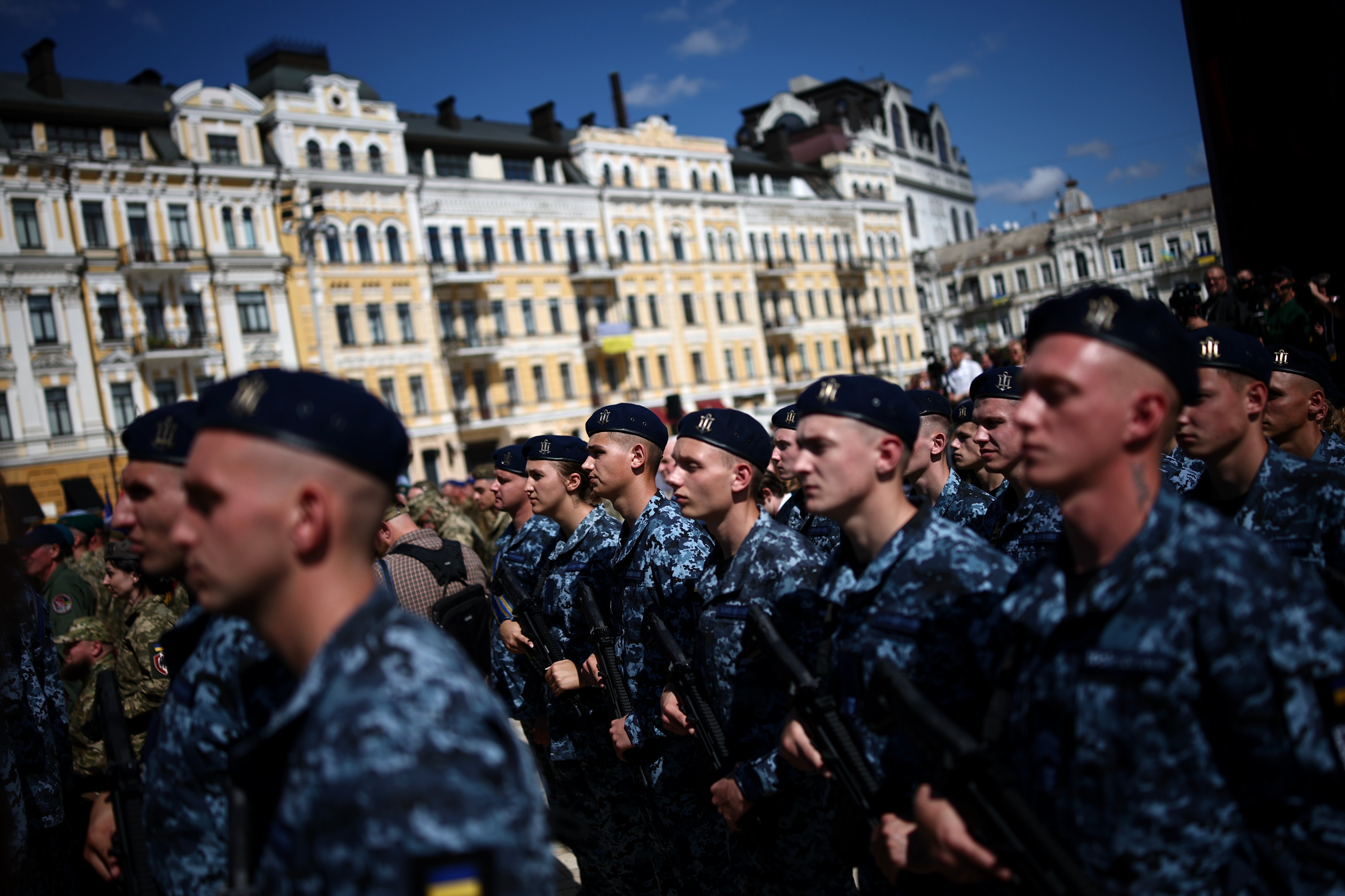 Ukrainian Naval Infantry attend a commemorative ceremony marking Ukraine's 35th Independence Day outside St. Sofia cathedral in Kyiv, Ukraine