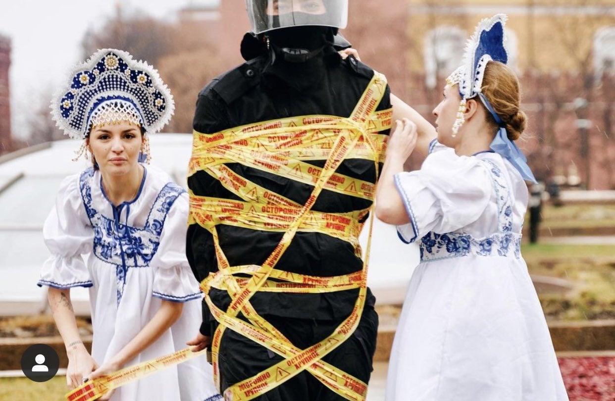 Konovalova, left, takes part in a Pussy Riot protest in 2020, in Manezhnaya Square, Moscow