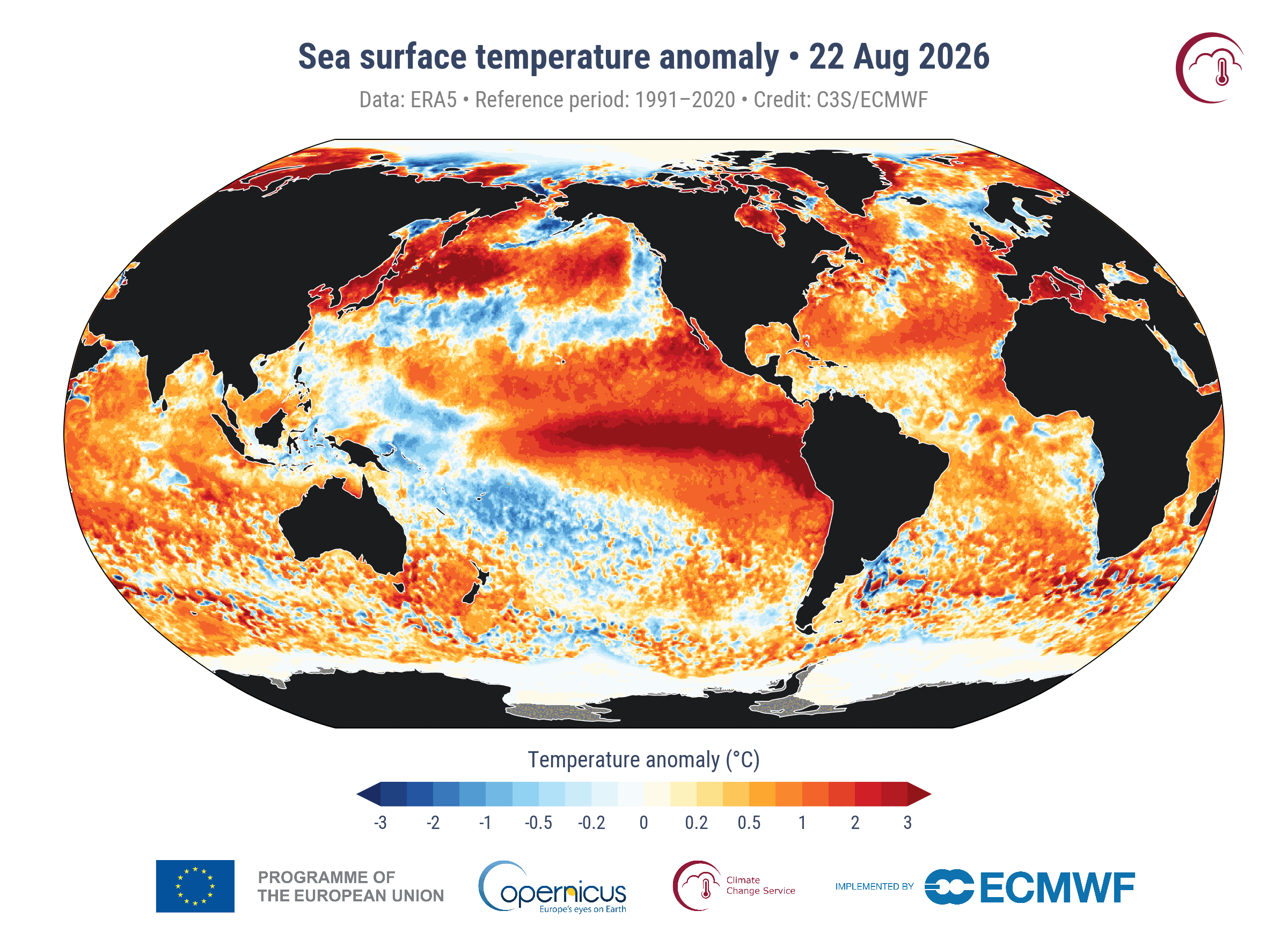 This map from Copernicus shows anomalies in sea surface temperature across the globe on Sunday. The darkest red are where temperatures are the hottest