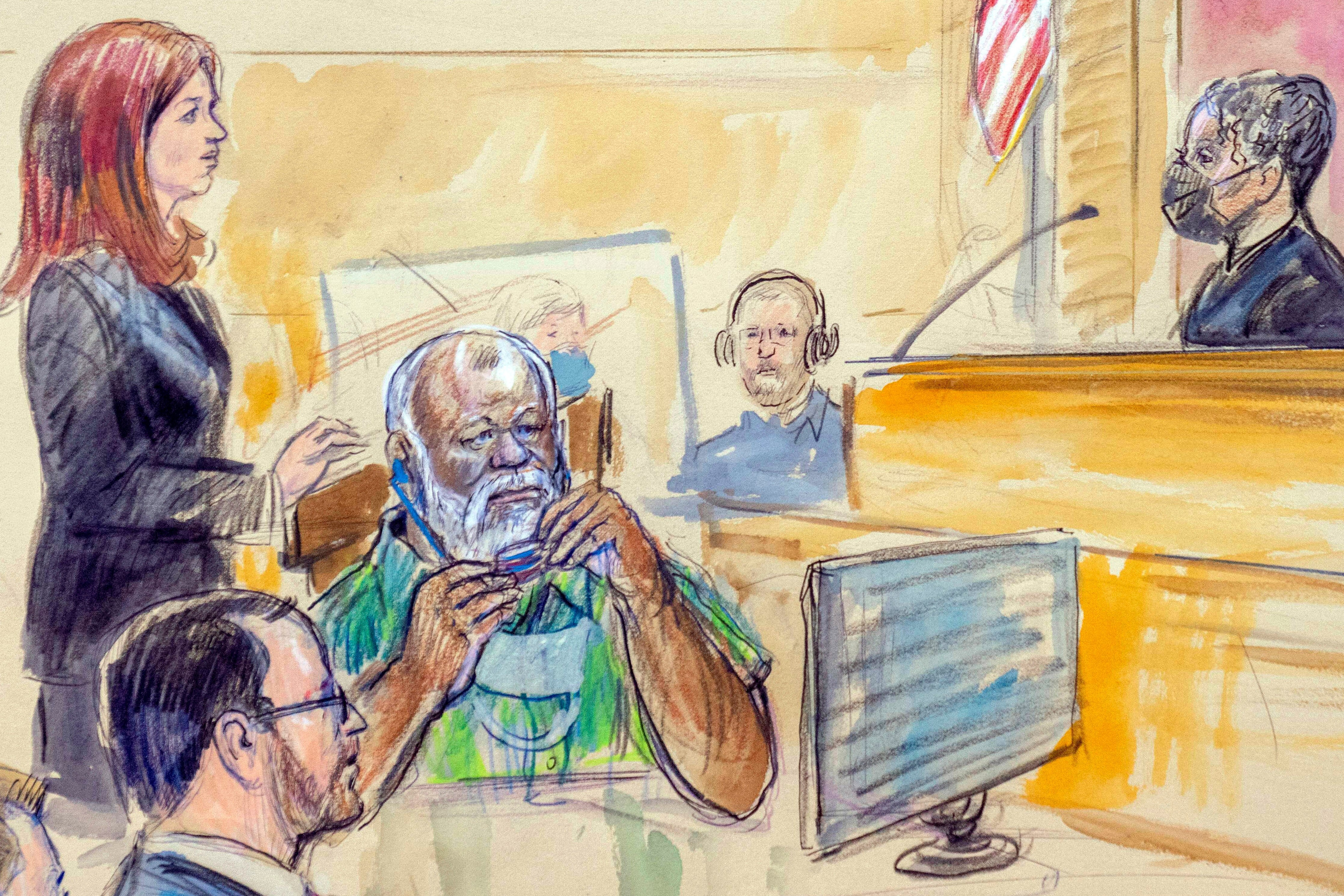 The artist sketch depicts Assistant U.S. Attorney Erik Kenerson, front left, watching as Whitney Minter, a public defender from the eastern division of Virginia, stands to represent Abu Agila Mohammad Mas'ud Kheir Al-Marimi, accused of making the bomb that brought down Pan Am Flight 103 over Lockerbie, Scotland, in 1988, in federal court in Washington, Dec. 12, 2022, as Magistrate Judge Robin Meriweather listens. (Dana Verkouteren via AP)