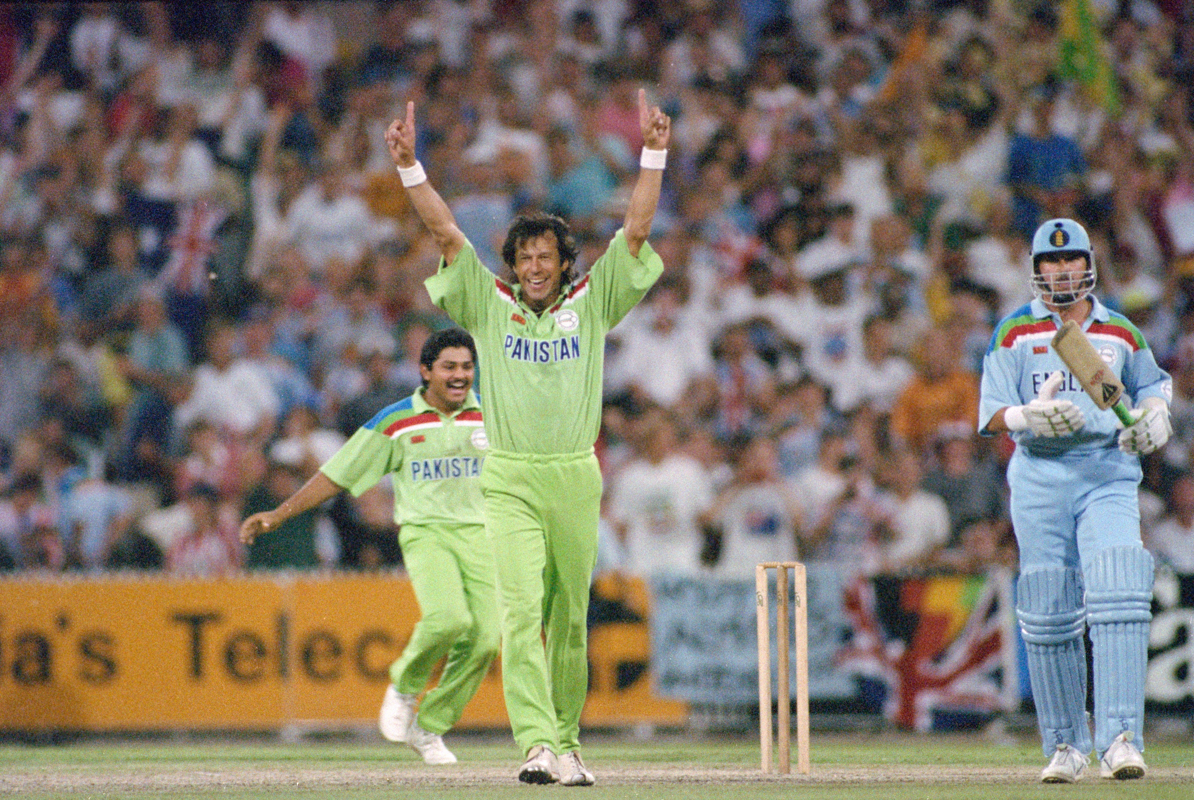 Imran Khan celebrates the moment of victory in the 1992 Cricket World Cup Final in Melbourne