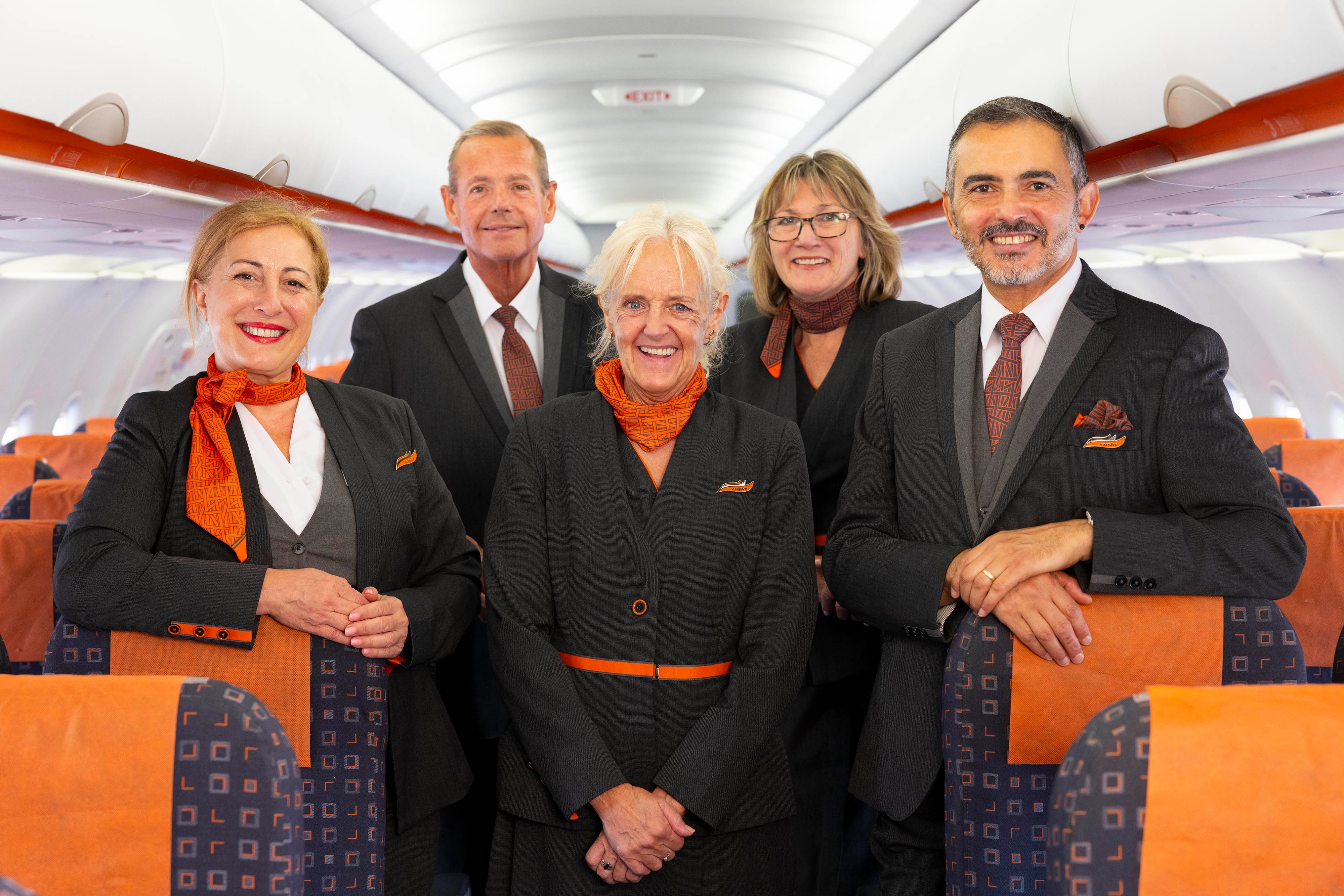 Cabin crew members Pilar Roman Palomino, Andrew Hampson, Francesca Hicks, Elane Vass and Mehdi Lamrani gather at London Gatwick Airport as easyJet launches a new recruitment drive encouraging people aged over 50 to become cabin crew