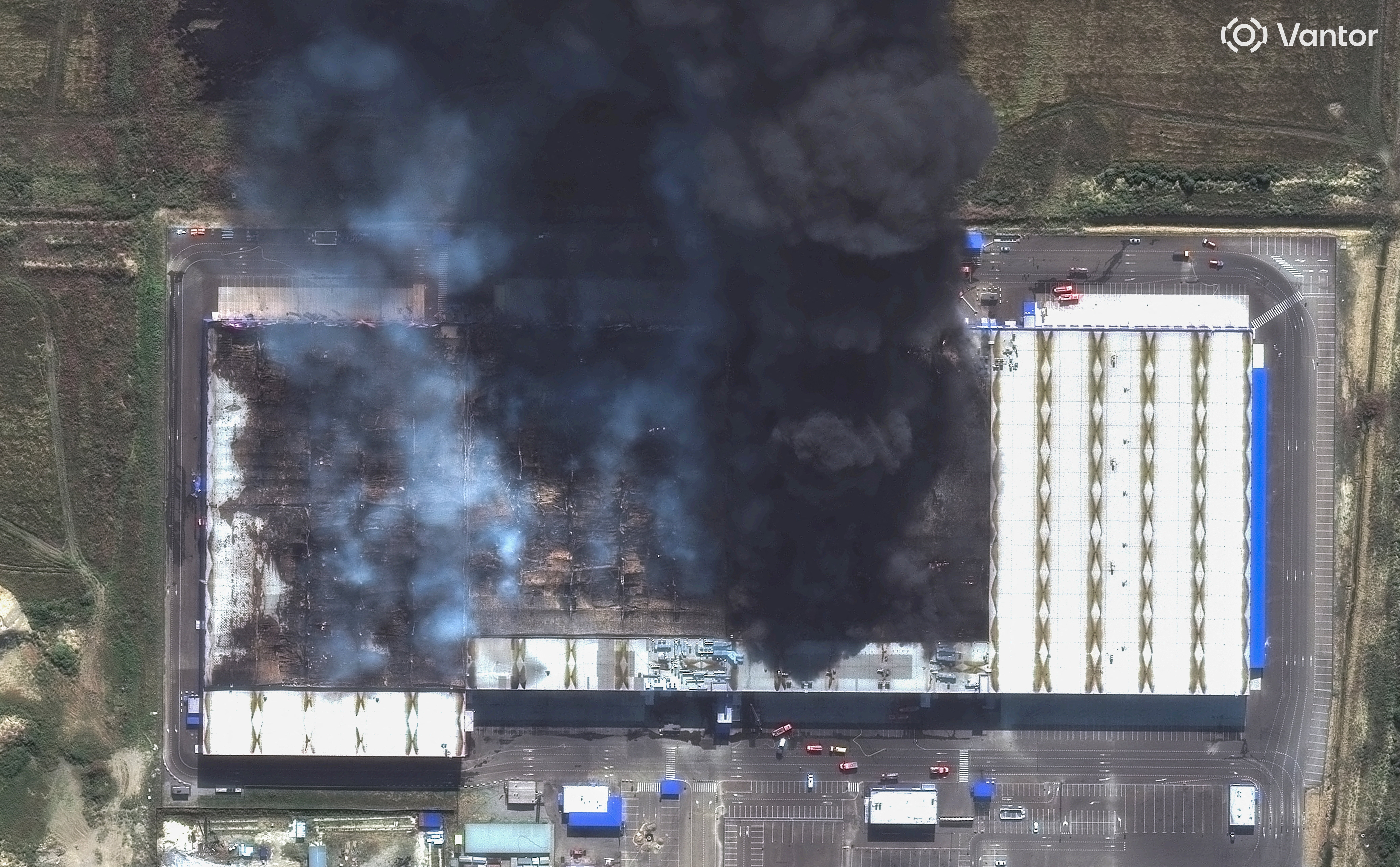 A satellite image shows smoke rising from an Ozon warehouse as Ukraine widens a campaign of drone strikes on Russian e-commerce companies, in Enem, Adygeya