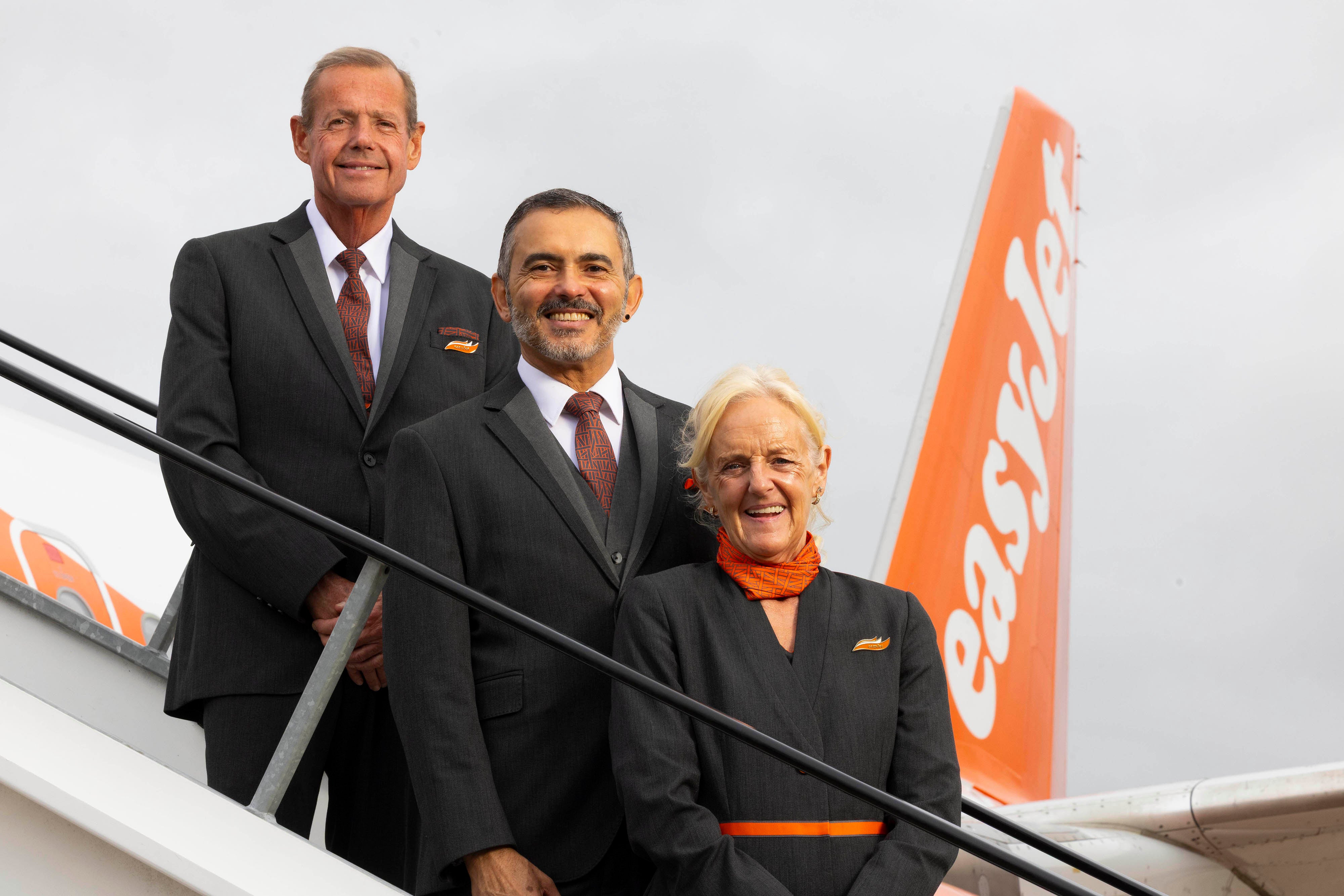 Cabin crew members Andrew Hampson, Mehdi Lamrani and Francesca Hicks at London Gatwick Airport