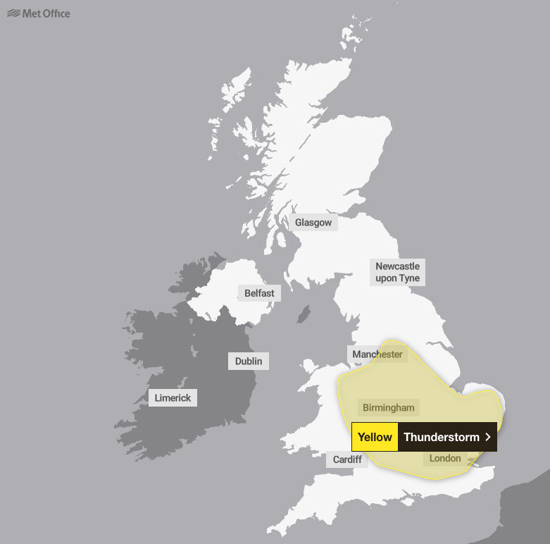 Thunderstorms will cover parts of England and Wales on Wednesday