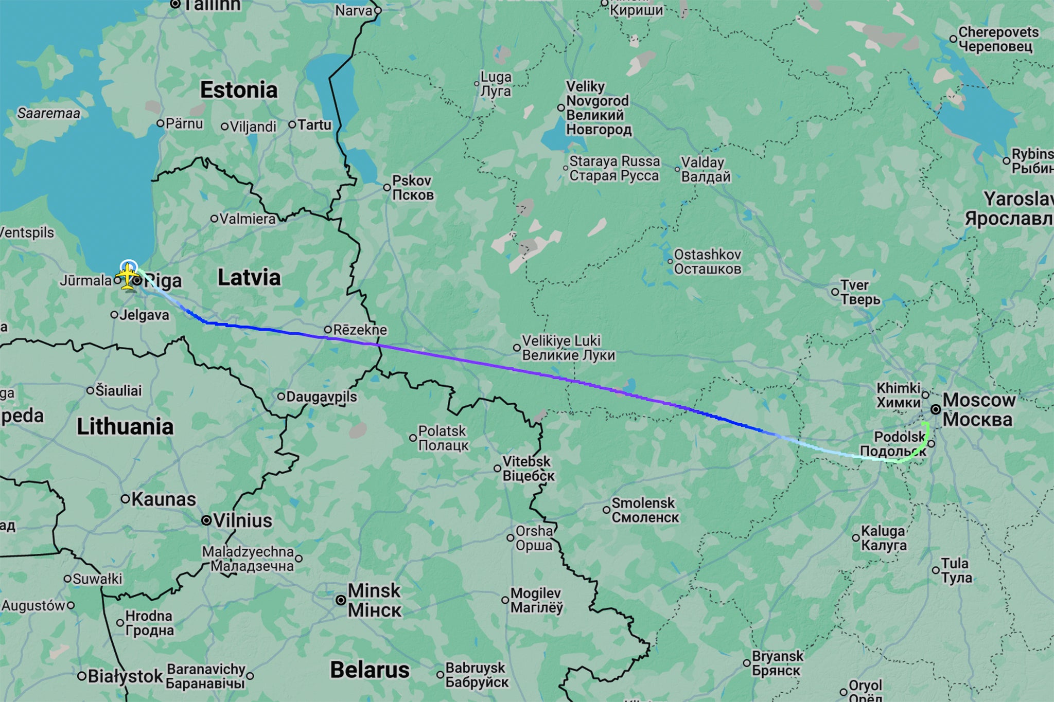 US plane flight path from Riga, Latvia, to Moscow