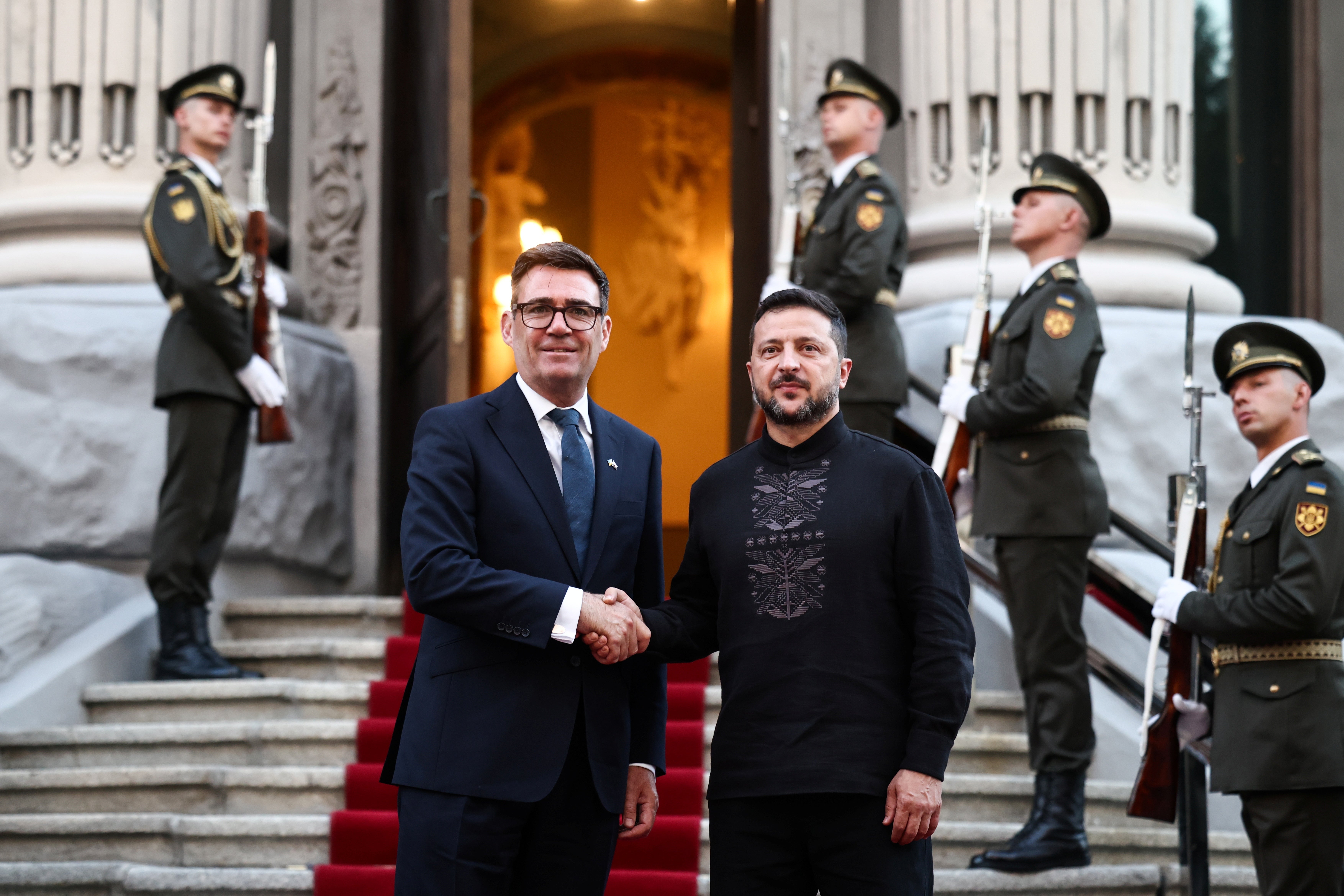 Ukraine’s President Volodymyr Zelensky, right, welcomed Prime Minister Andy Burnham to Kyiv on Monday (Henry Nicholls/PA)