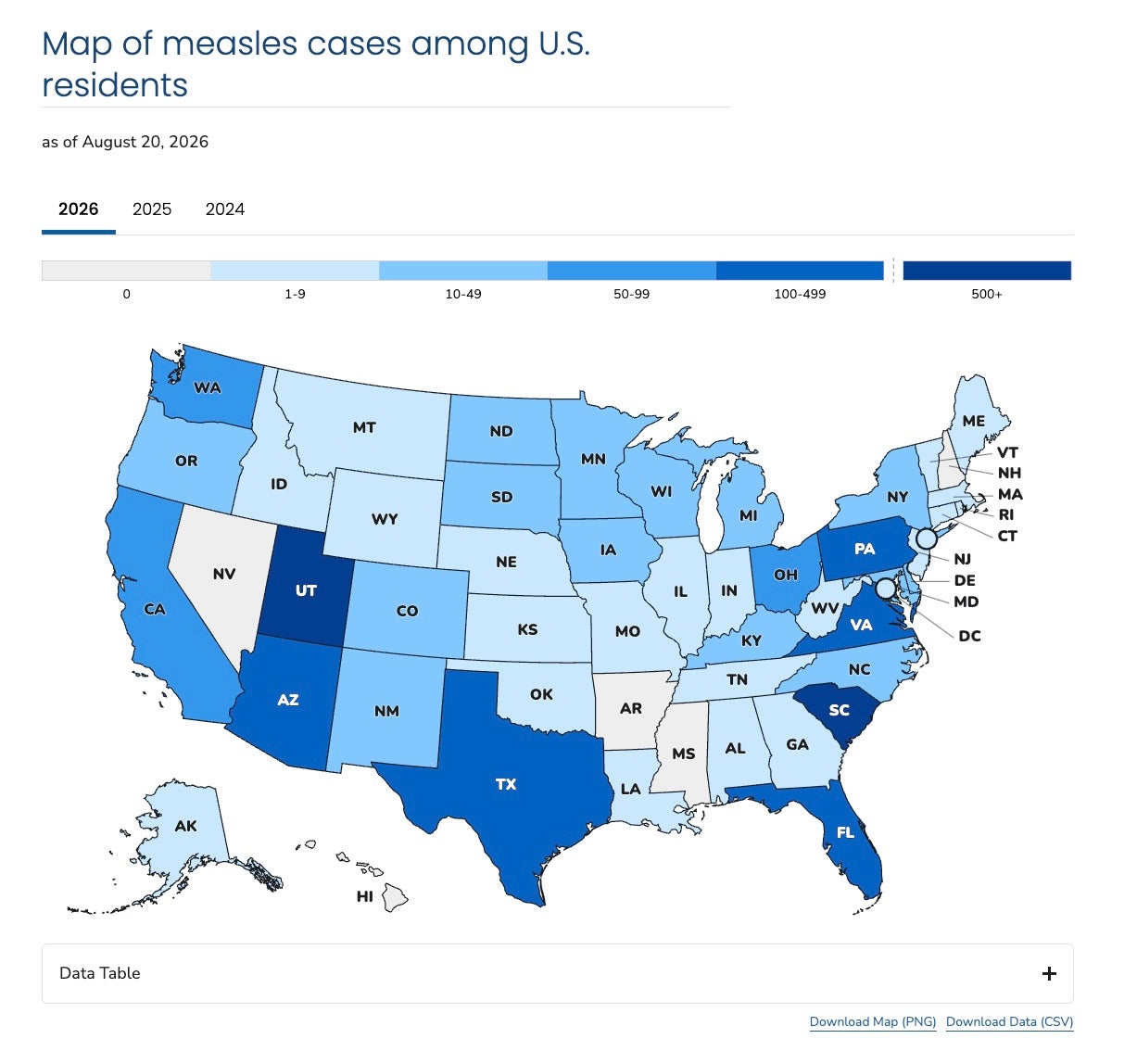 Measles cases in the U.S. this year. The darkest blue shows the states with the highest number of cases and the lightest blue shows states with 1-5 cases. Grey states have no cases