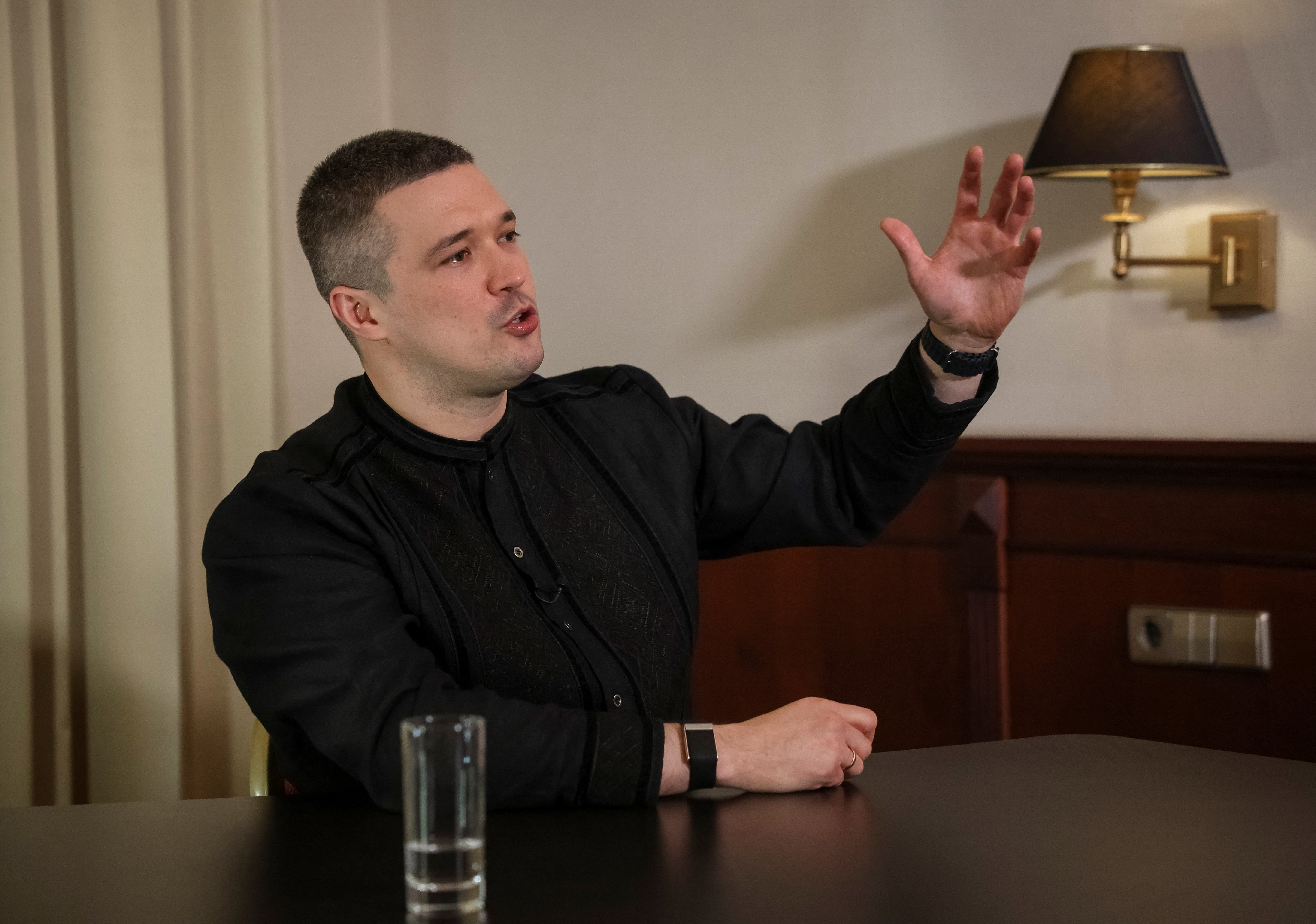 Former defence minister of Ukraine Mykhailo Fedorov speaks during an interview in Kyiv