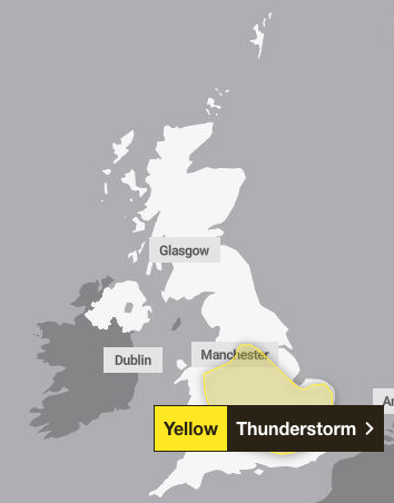 A thunderstorm warning is in place across England and Wales
