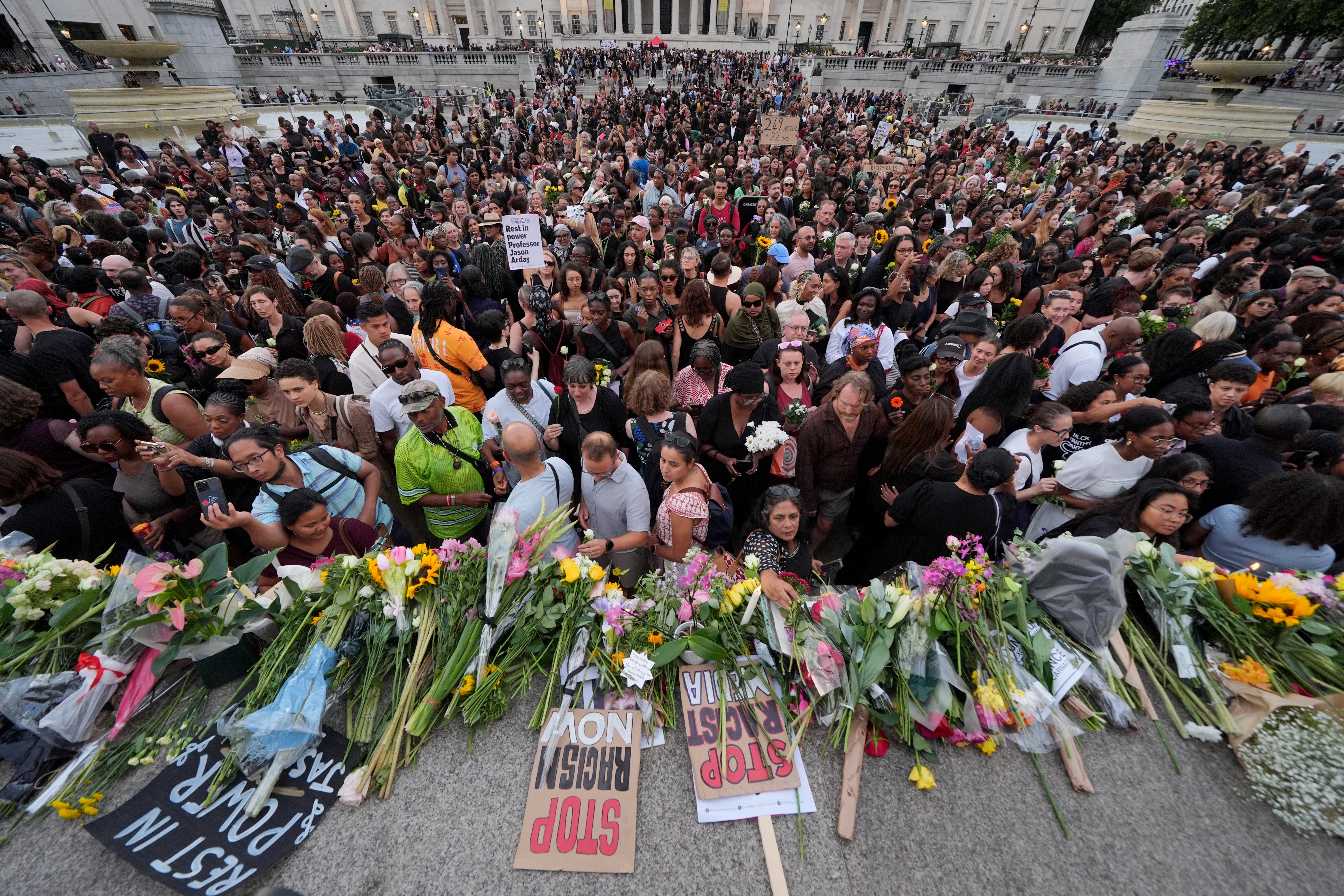 A vigil was organised by campaign group Stand Up to Racism for Prof Arday in Trafalgar Square last Monday