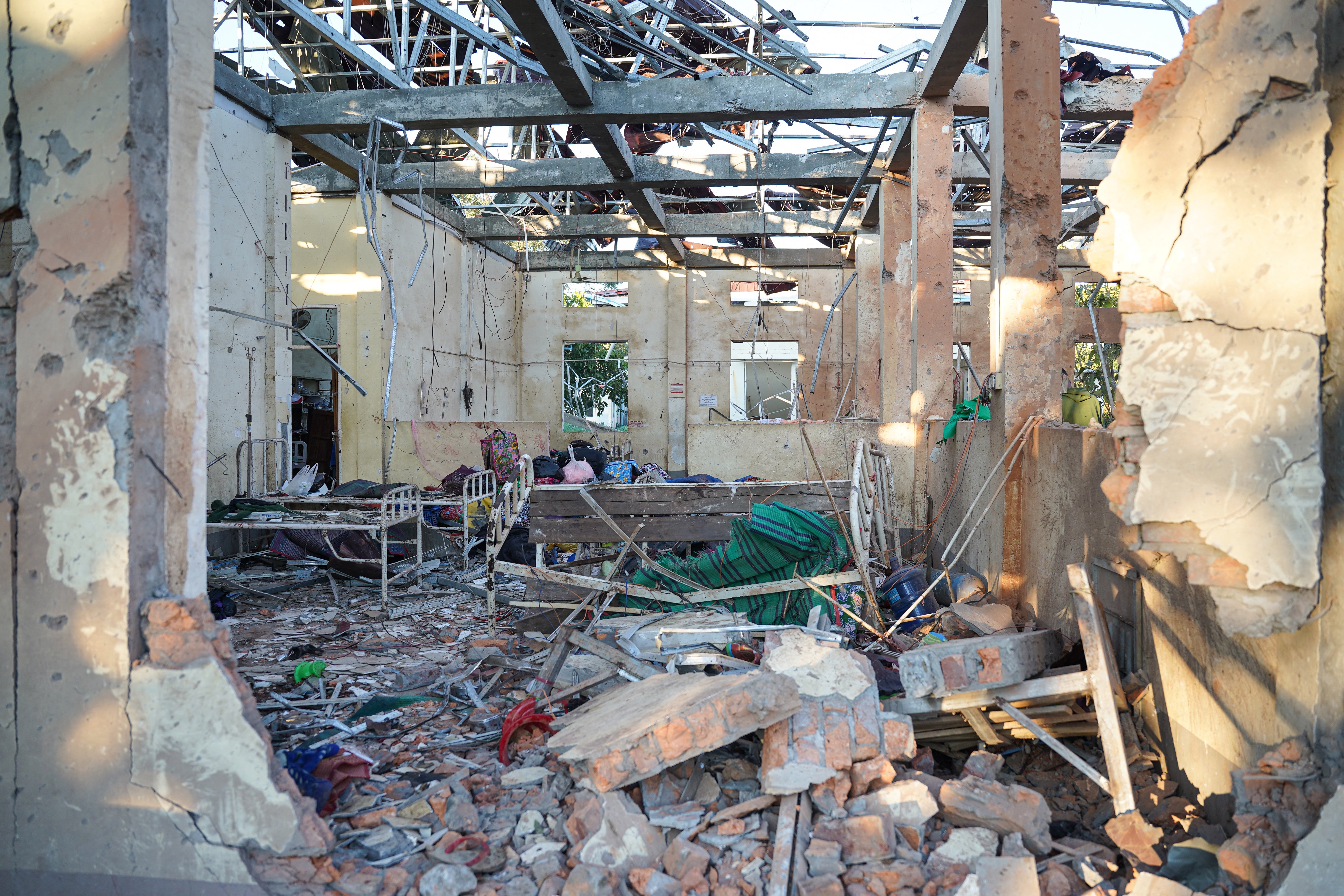 A hospital damaged in an airstrike by the Myanmar military that killed more than 30 people in Mrauk U, Rakhine state, on 11 December 2025