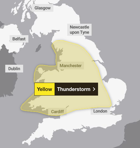 Yellow thunderstorm warnings are in place across England and Wales on Thursday