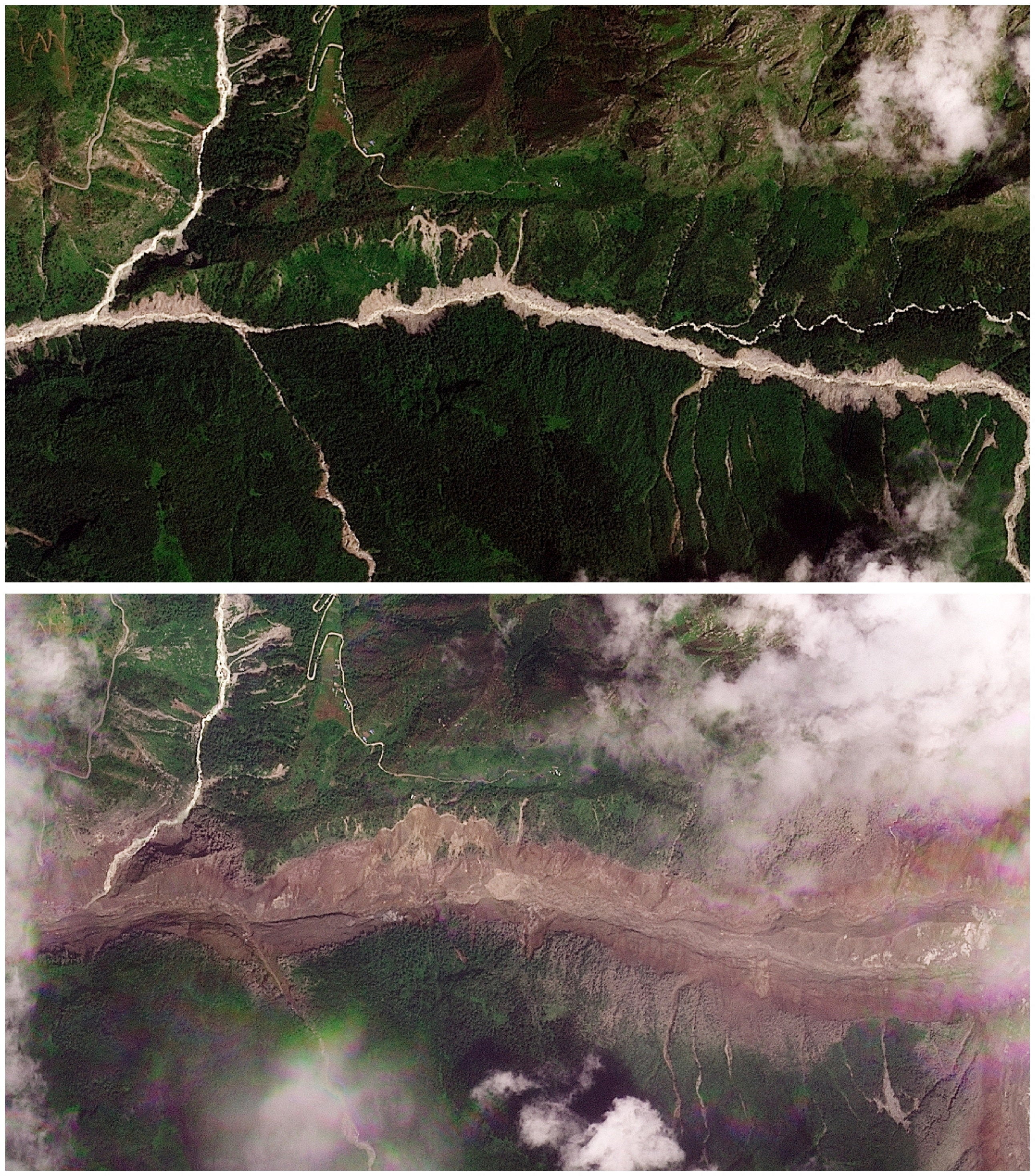 Before and after satellite images show torrent of rock and ice high in Nepalese mountain valley after Nepal-China disaster