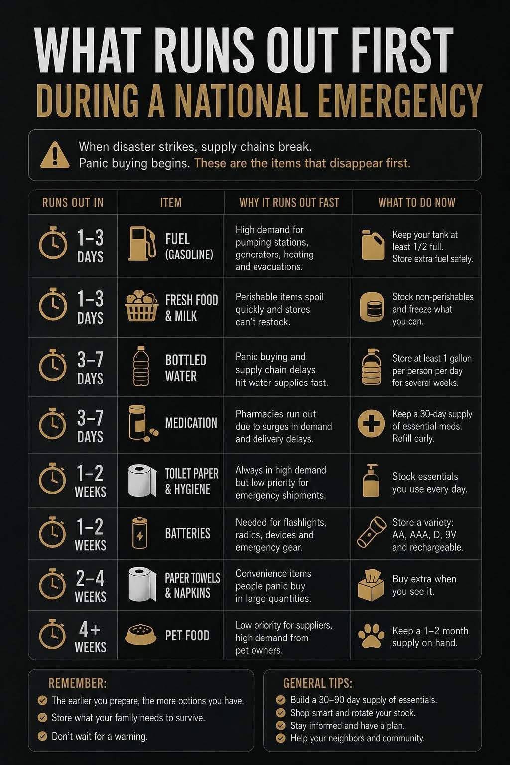 A flyer shared on Silent Legion's Facebook showing 'what runs out first during a national emergency'