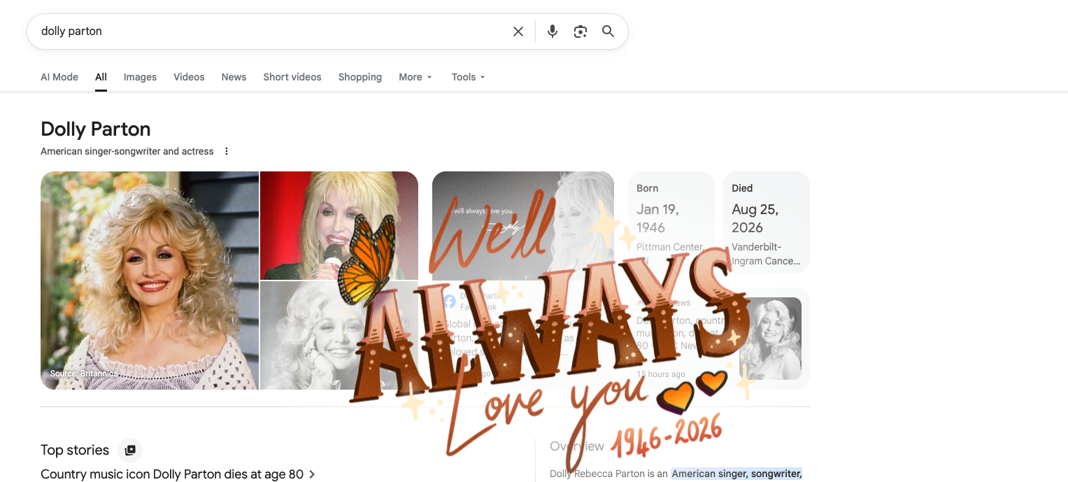Google has paid tribute to Dolly Parton with a pop-up on its homescreen (Google)