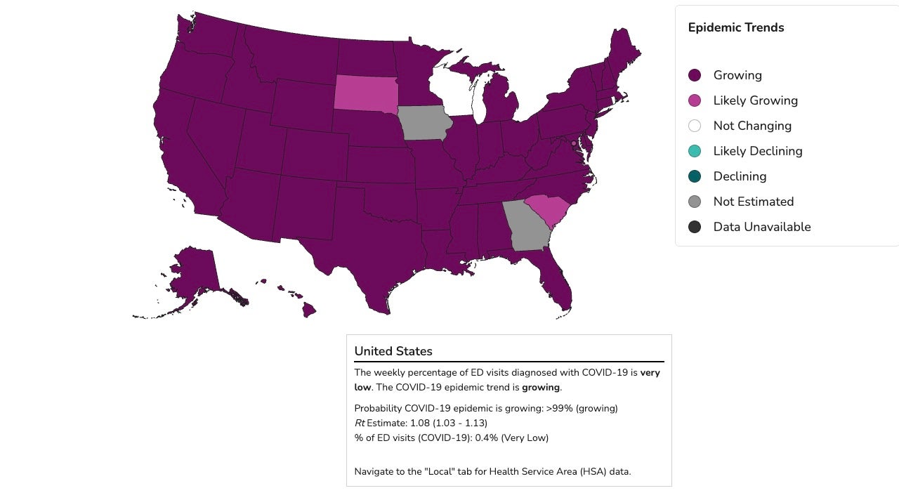 This Centers for Disease Control and Prevention map shows where levels of coronavirus are growing and declining around the U.S. The dark purple indicates where levels are growing and the light purple shows where they are likely growing