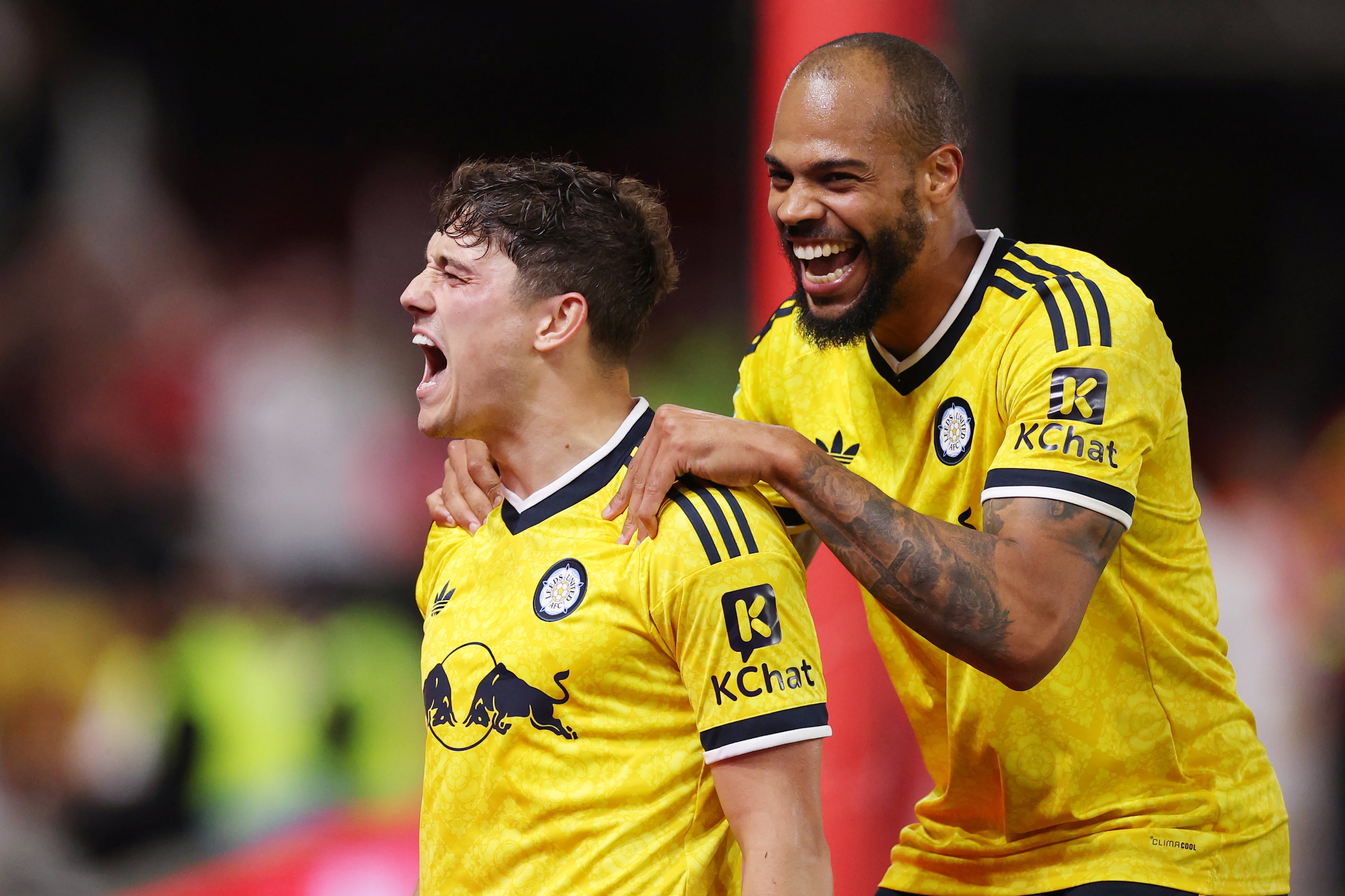 Daniel James of Leeds United celebrates scoring his team’s second goal with teammate Lukas Nmecha