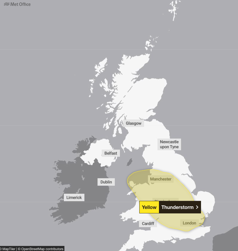 A yellow thunderstorm warning is in place across England and Wales