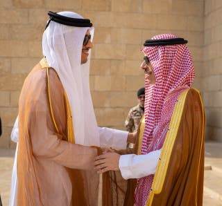 Qatar's Prime Minister and Minister for Foreign Affairs, Sheikh Mohammed bin Abdulrahman bin Jassim Al-Thani meets Saudi Foreign Minister Faisal bin Farhan Al-Saud in Riyadh, Saudi Arabi