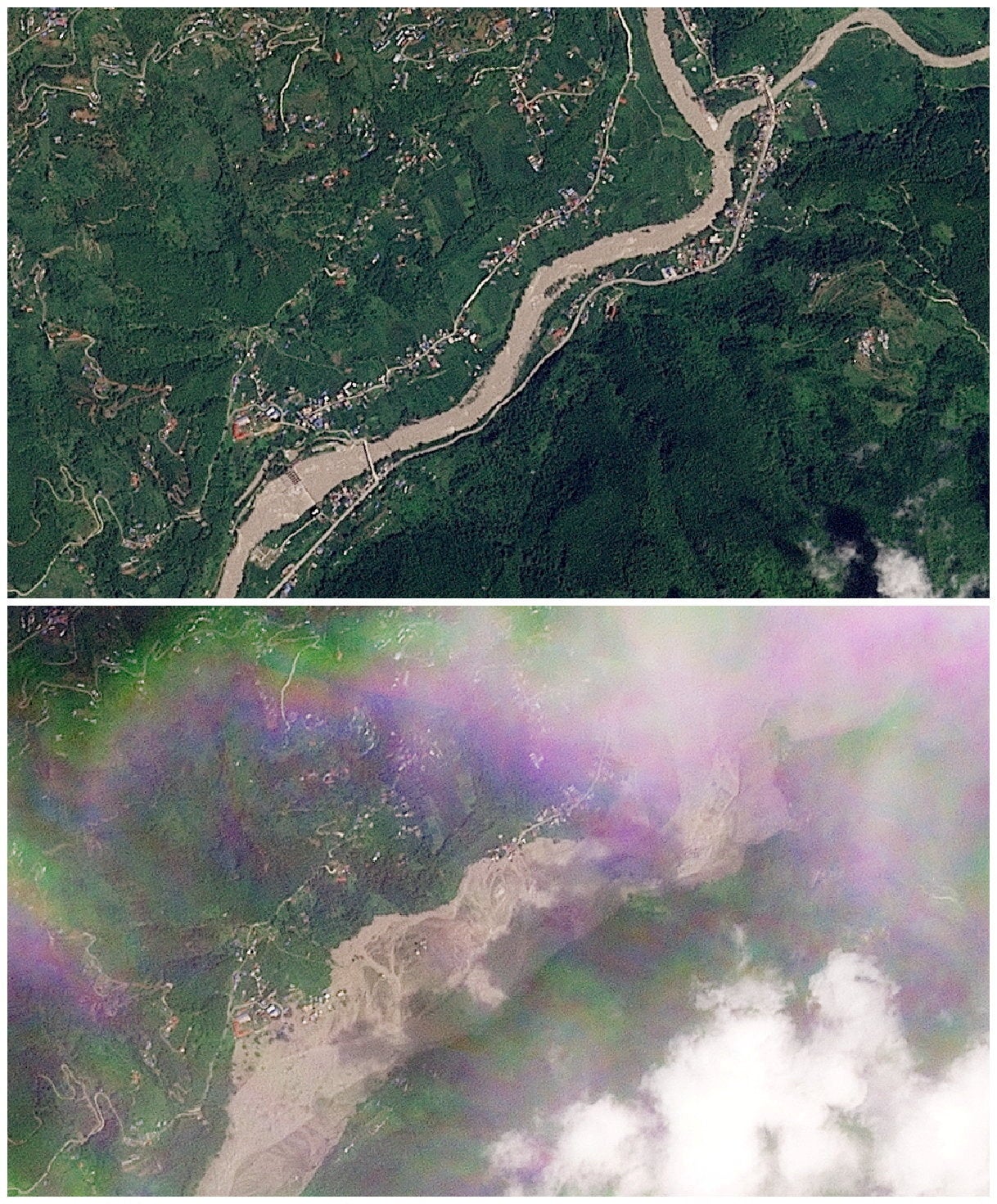 A combination of satellite images show Tupche before and after a flash flood
