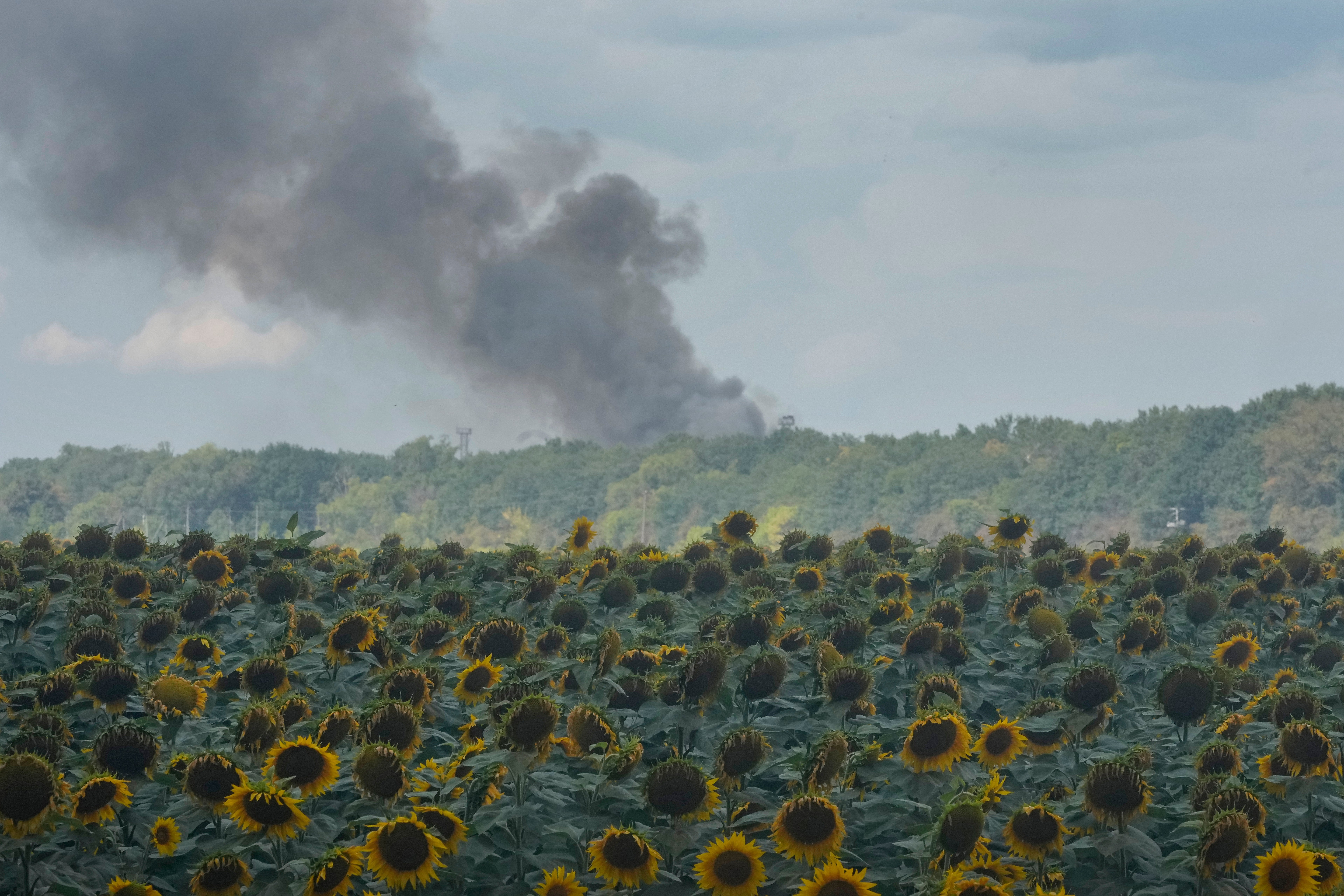 Smoke rises above warehouse stores behind a sunflower field following a Russian air attack in Kyiv, Ukraine, Thursday, Aug. 27, 2026.