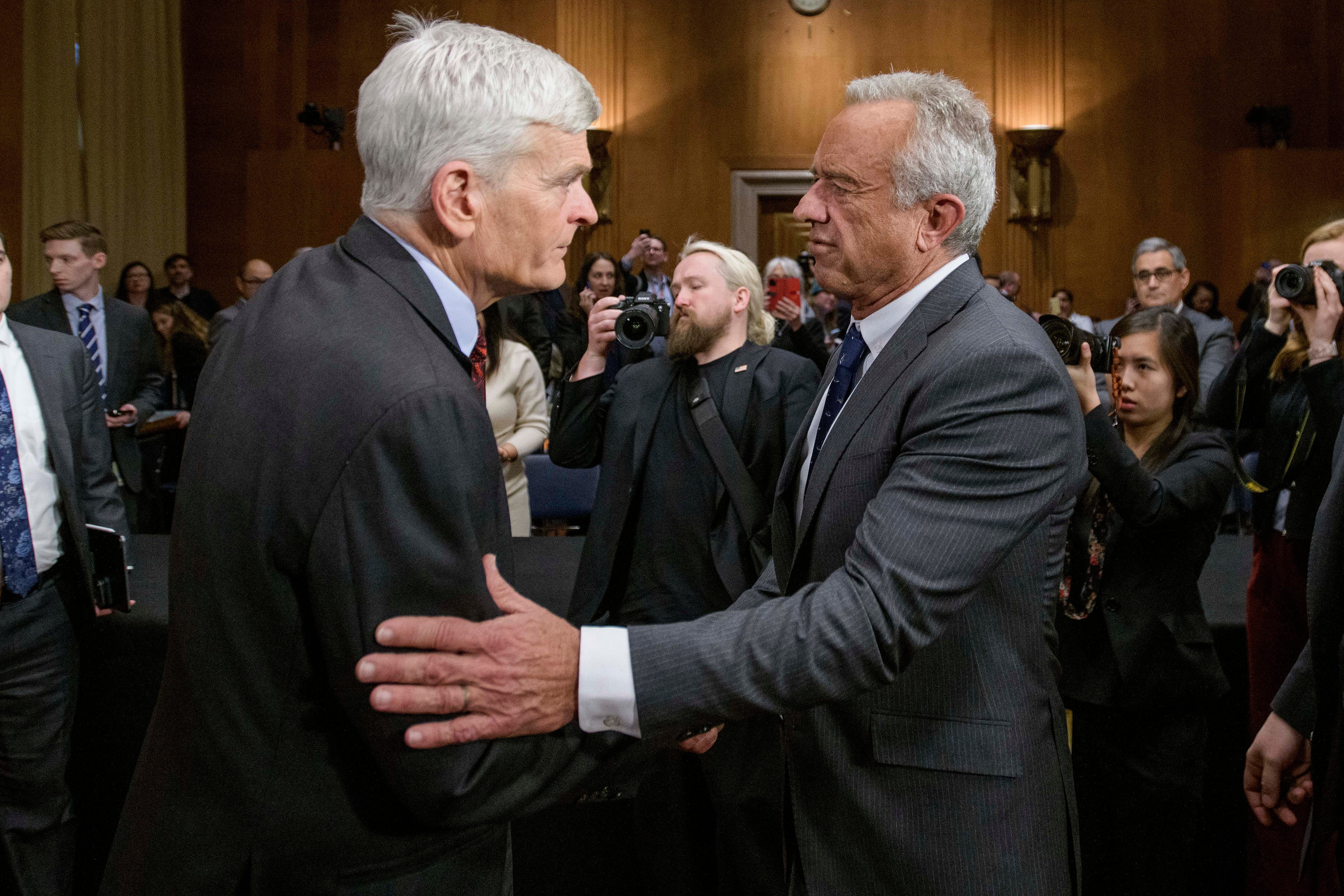 RFK Jr. talks with Committee Chairman Sen. Bill Cassidy, R-La., following his confirmation hearing on Capitol Hill, Jan. 30, 2025 (AP Photo/Rod Lamkey, Jr., File)