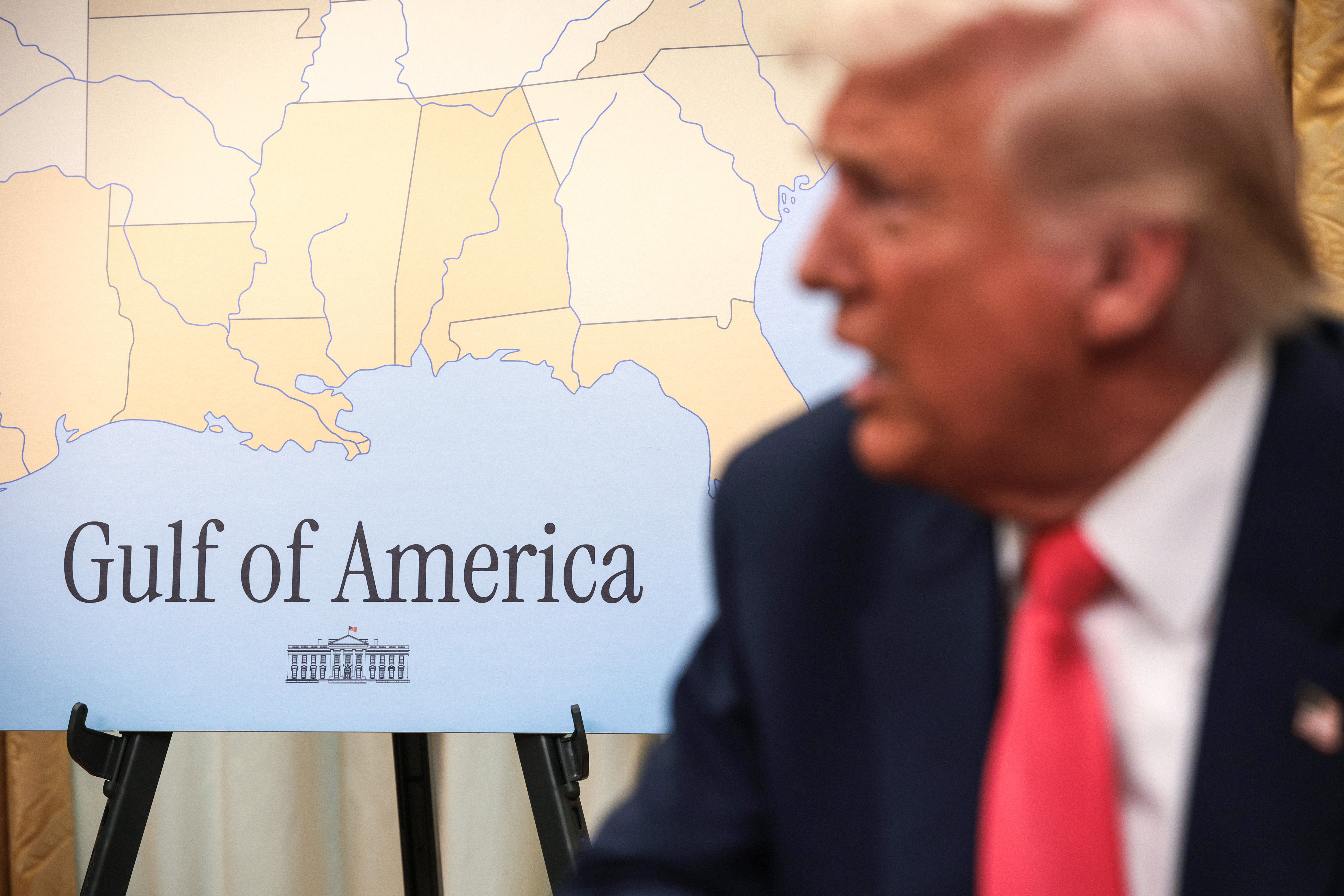 Trump appears in front of a map identifying the ‘Gulf of America’ in the White House on March 6, 2025 (Getty)