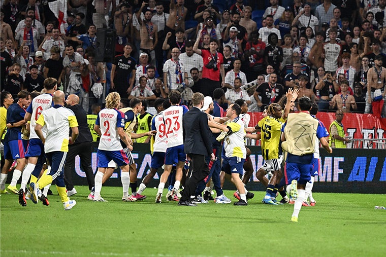 Former Arsenal star Matteo Guendouzi sparks wild brawl and fan attack in chaotic Champions League tie