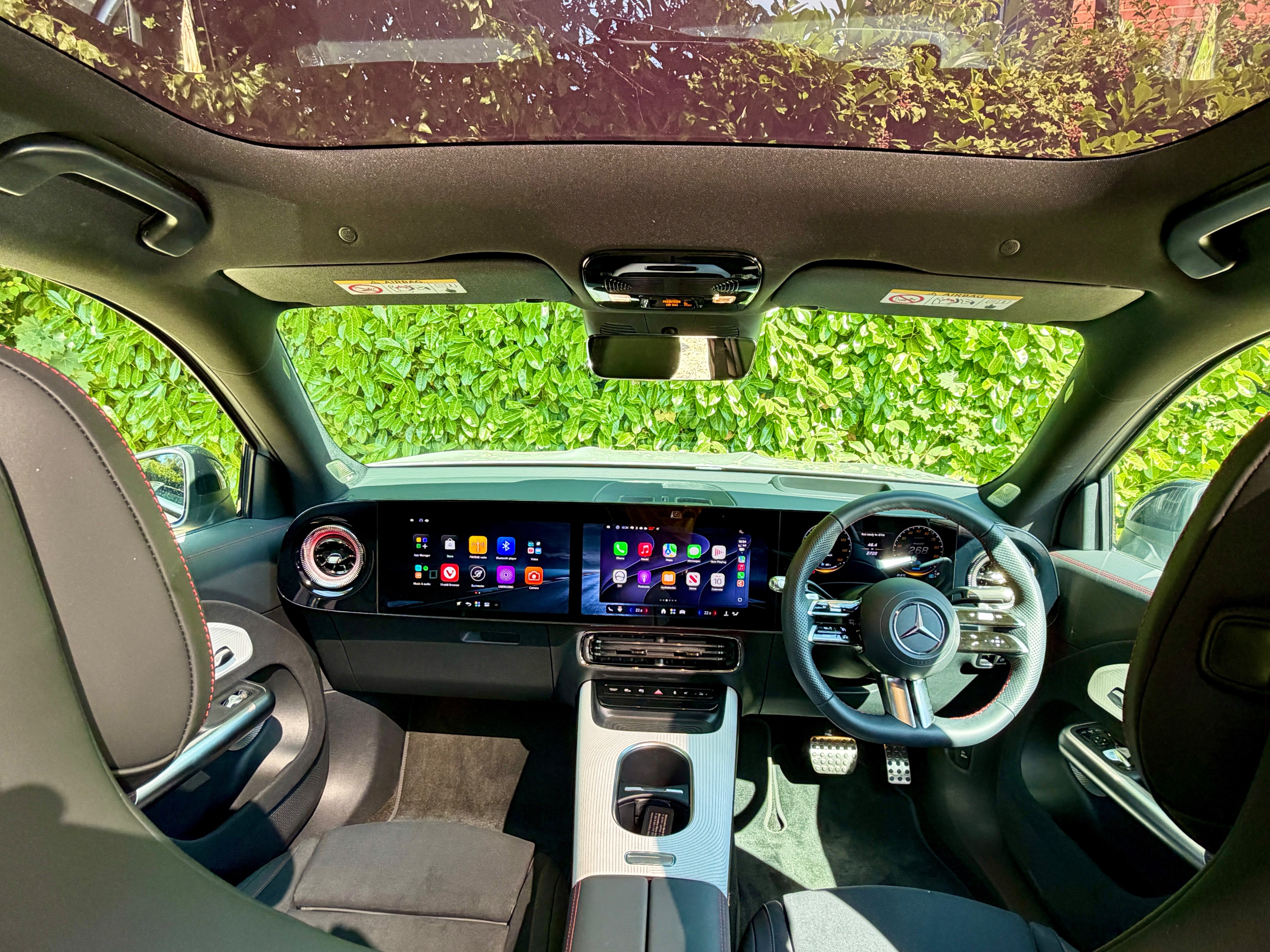 The Mercedes GLB's high-tech interior features up to three screens with one for the passenger, too. A lovely panoramic roof is standard (Steve Fowler)