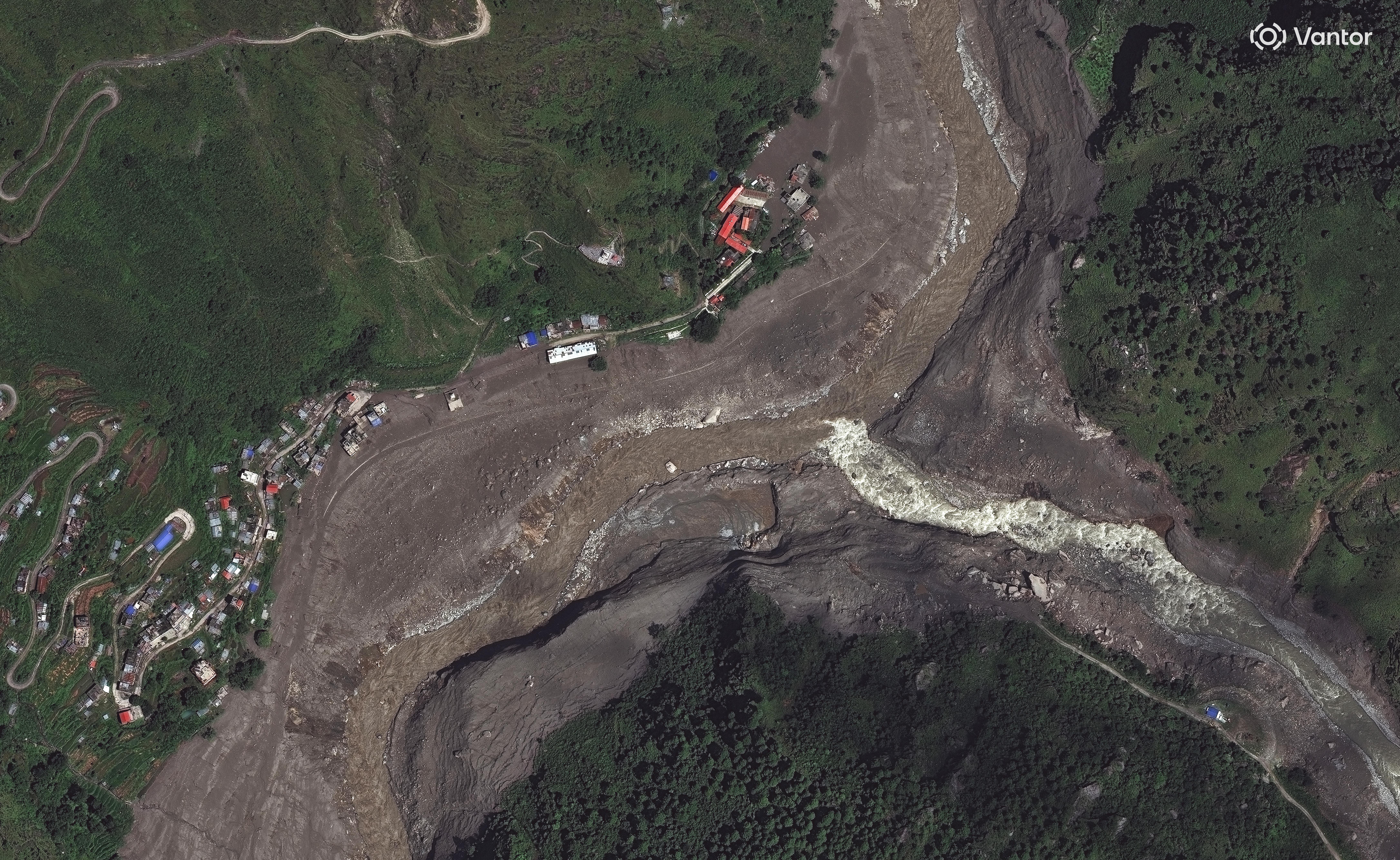 This satellite image provided by Vantor shows destruction at Syapru Besi, Nepal