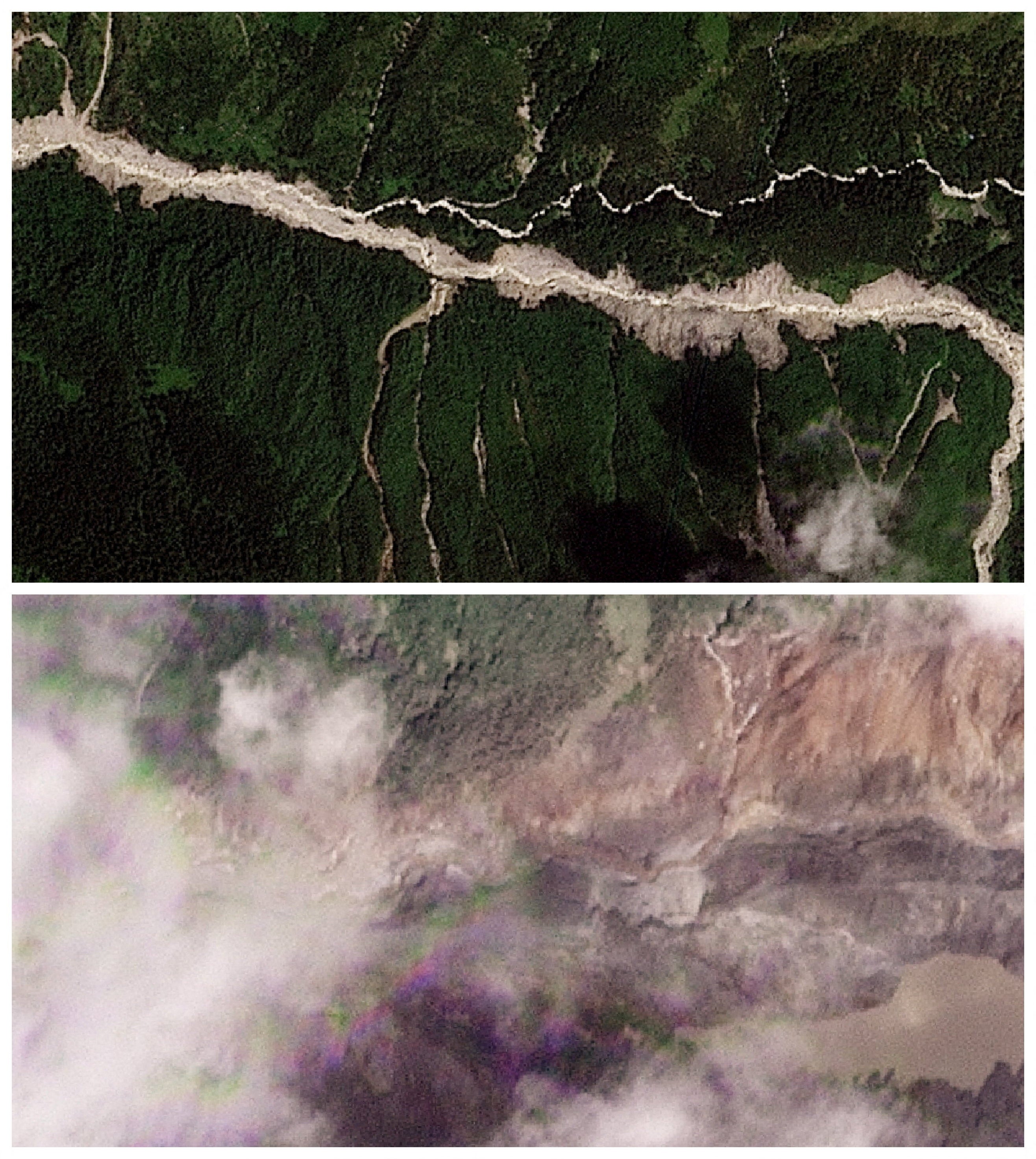 A combination of satellite images shows a site at the border of Nepal and Tibet Autonomous Region, China, before and after a barrier lake formed as a result of flash floods and a mudslide