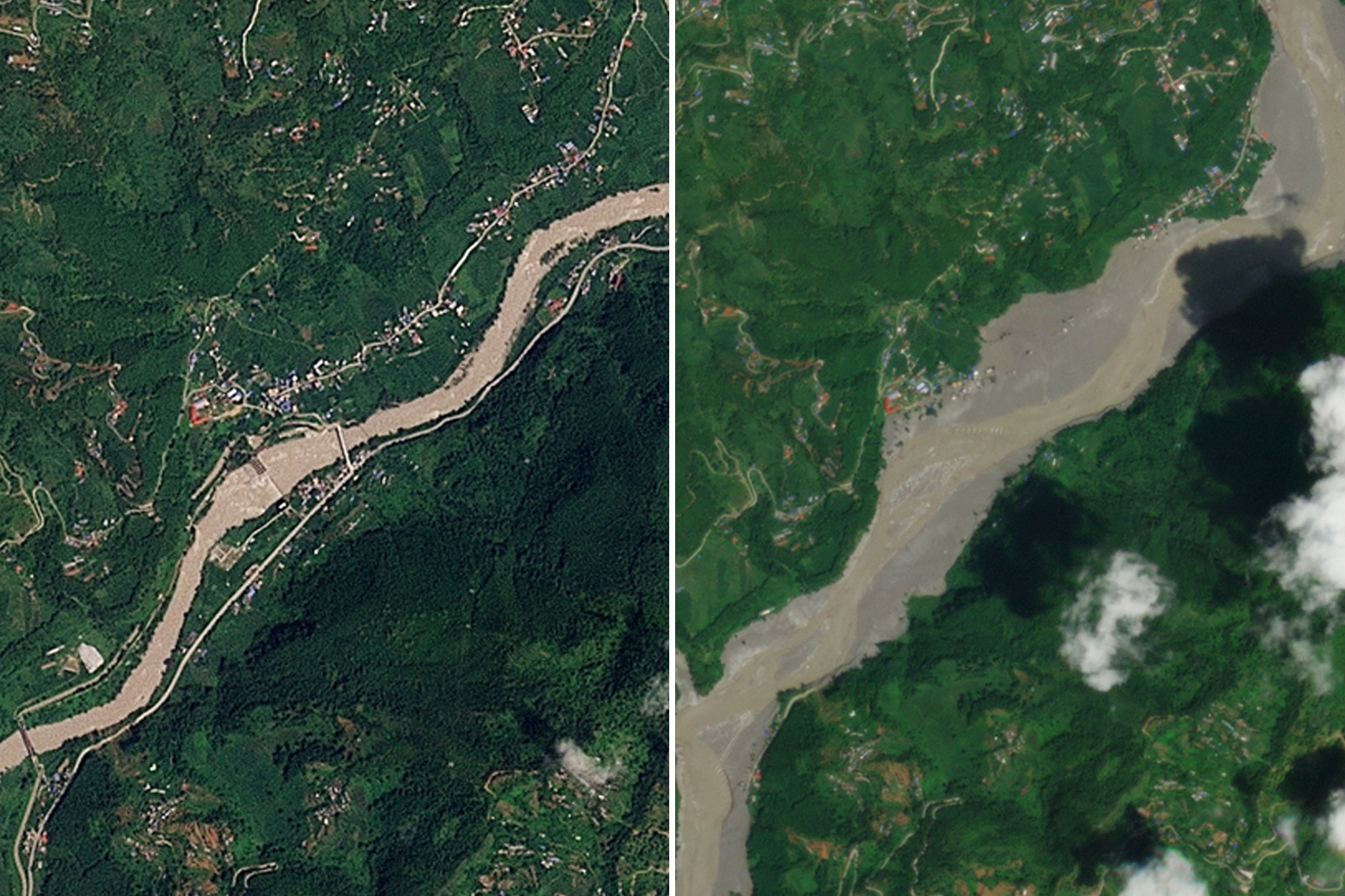 Bidur, Nepal before and after the flash floods that shook Nepal and Tibet on Wednesday (Planet Labs PBC)
