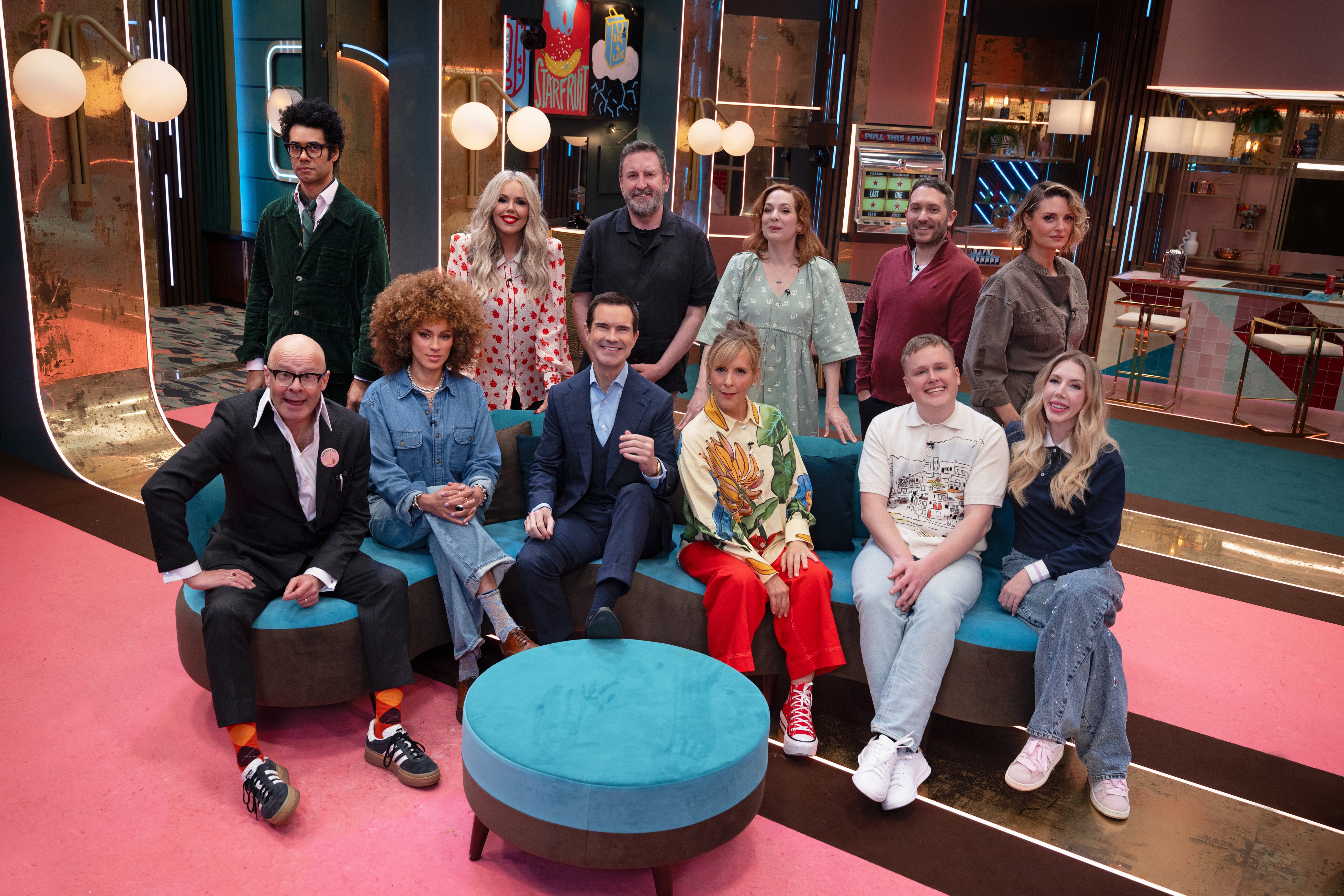 Richard Ayoade, Roisin Conaty, Lee Mack, Katherine Parkinson, Jon Richardson, Morgana Robinson, (left to right bottom row) Harry Hill, Michelle de Swarte, Jimmy Carr, Mel Giedroyc, Josh Jones and Katherine Ryan, who will take part in the new series of Last One Laughing UK.