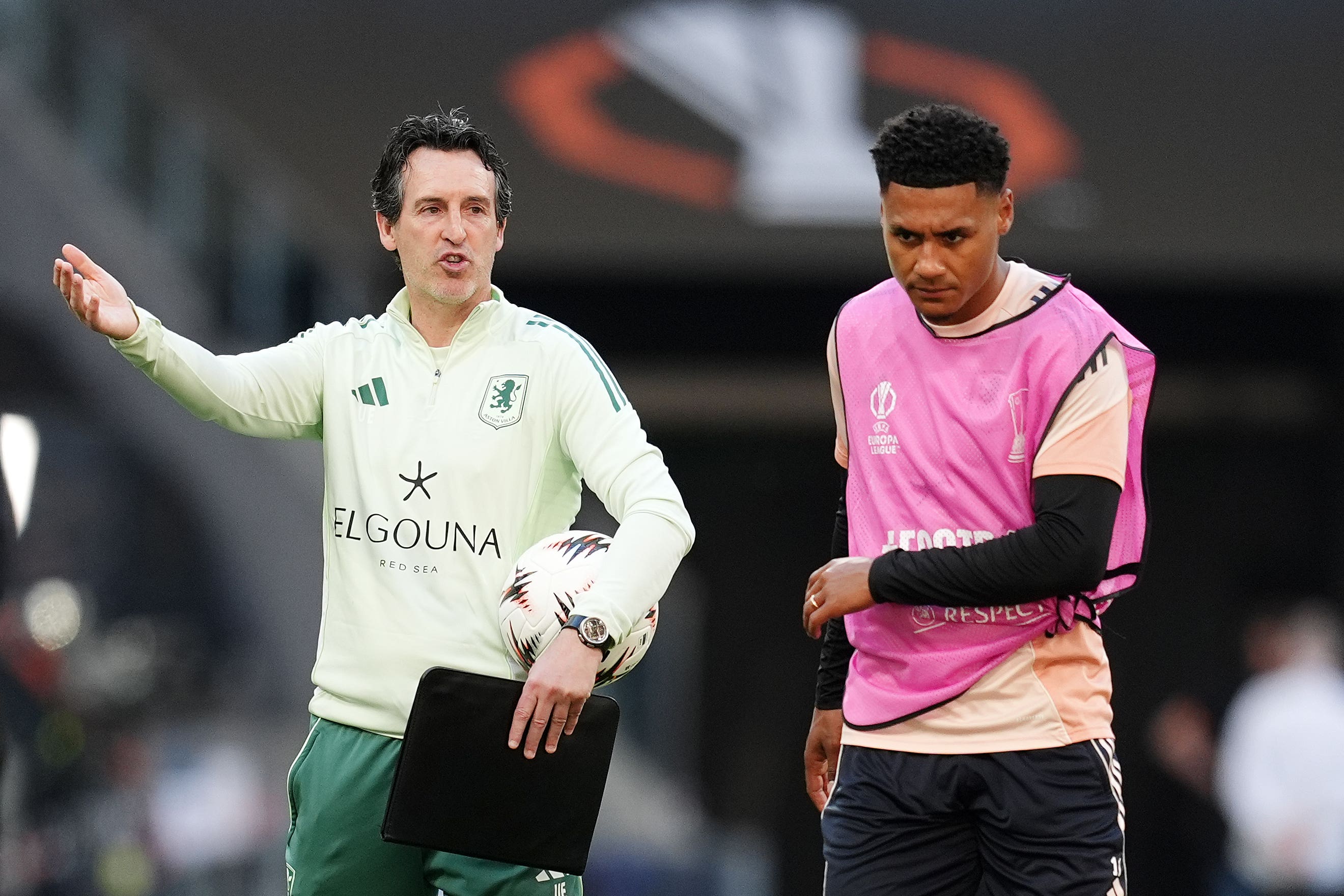 Aston Villa manager Unai Emery and Ollie Watkins during a training session