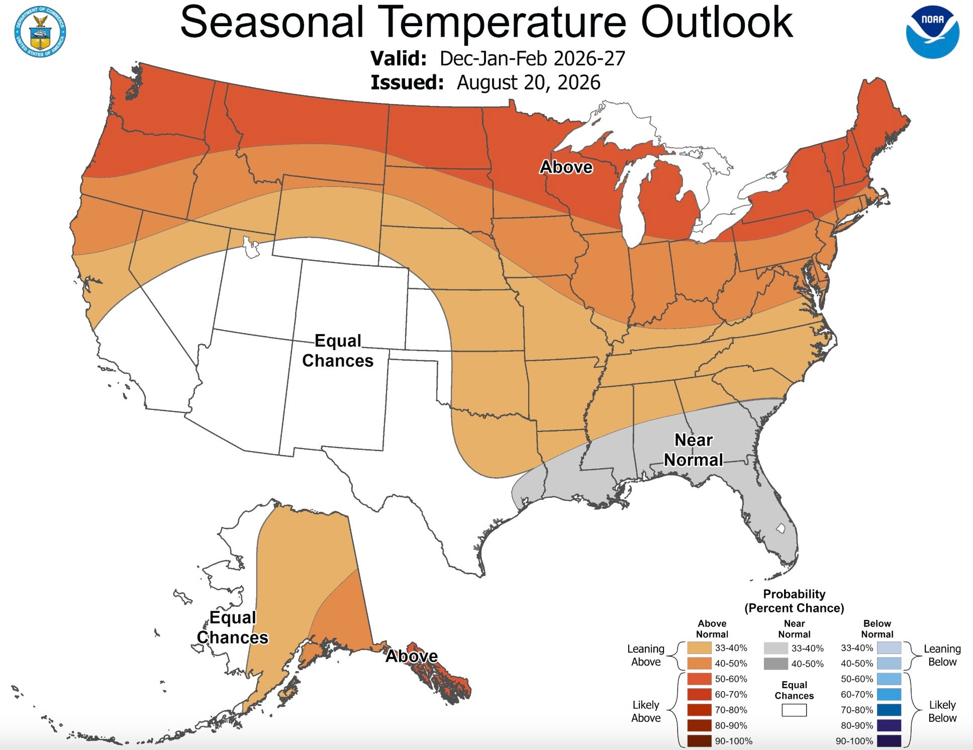 The seasonal temperature outlook from NOAA between December and February